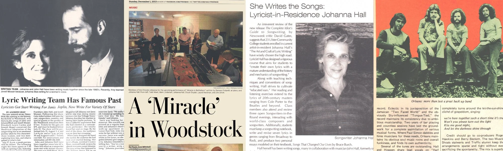 An article layout with three sections. The first features a black and white photo of Johanna and John Hall, with the headline "Lyric Writing Team Has Famous Past." The second shows a group of people in a room around a piano, with the caption "A 'Miracle' in Woodstock." The third has a black-and-white photo of Johanna Hall, with a group of people sitting on a bench in front of a bright red background, and includes an article about Johanna Hall's work as a songwriter and her album.