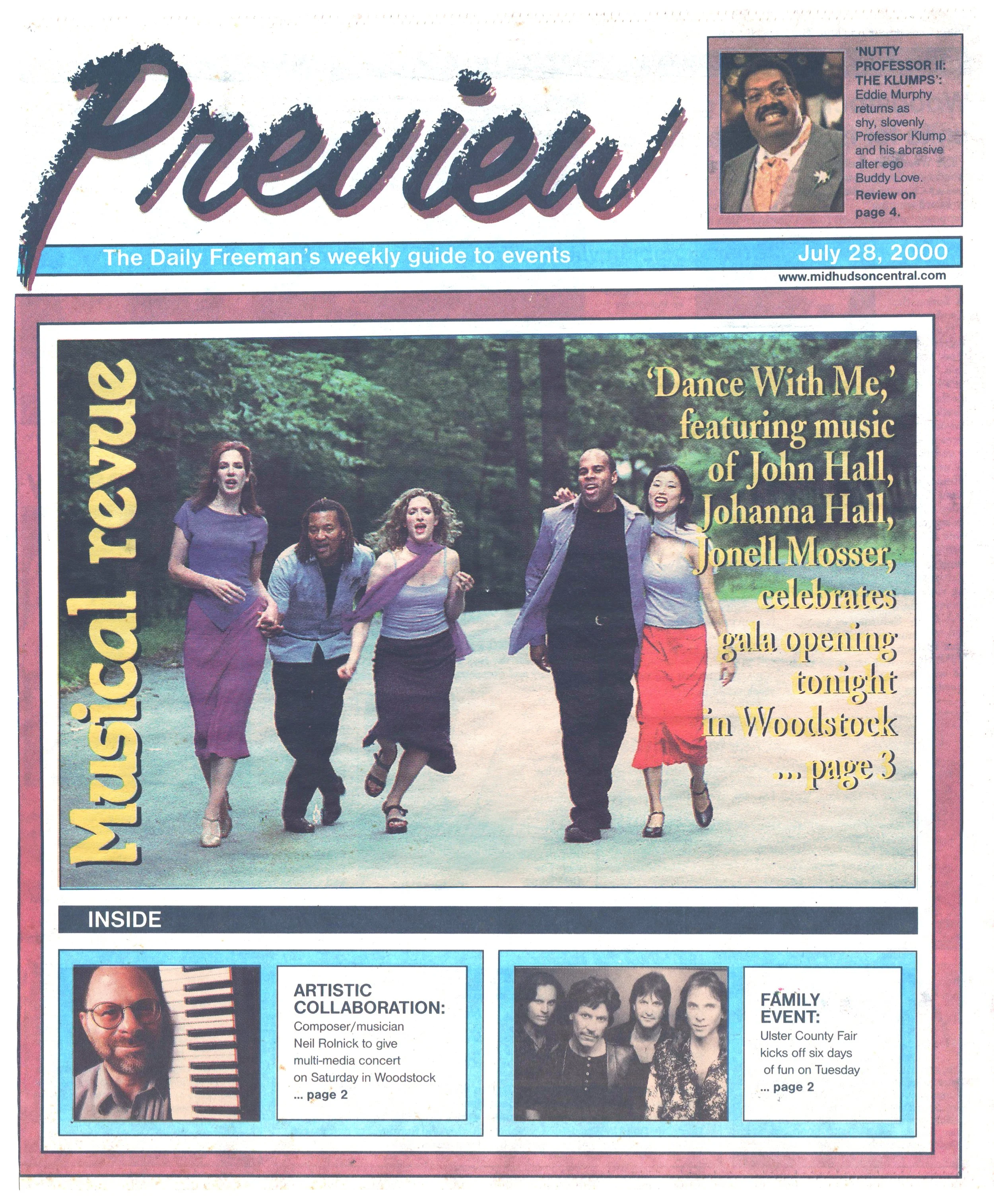 A newspaper cover page titled 'Preview' dated July 28, 2000, featuring a photo of five people walking in a park, promoting a musical revue called 'Dance With Me' celebrating its gala opening in Woodstock, with smaller photos and snippets about other events and a musician.