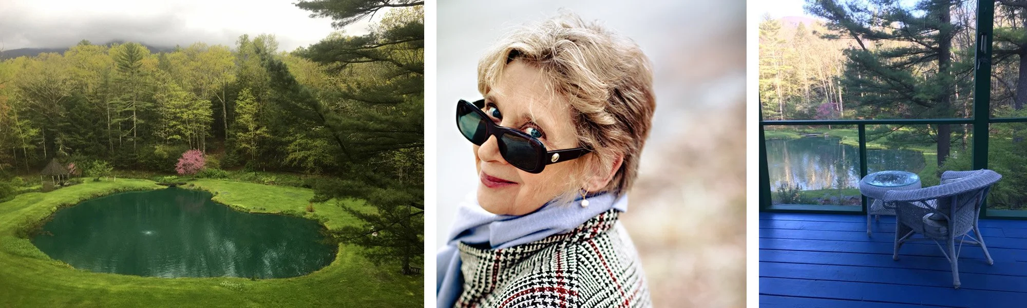 A collage of three scenes: a lush green landscape with a pond and trees, an elderly woman wearing sunglasses and a scarf, and a screened porch overlooking a wooded area with a pond.