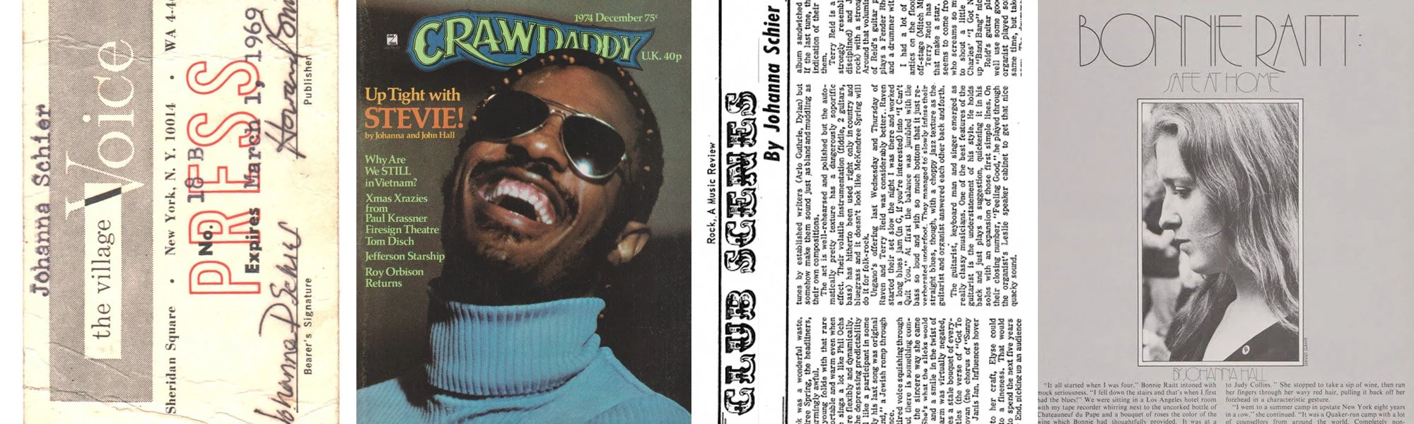 A collage of three different pieces of paper. On the left, a vintage bus ticket with text in red and black, signatures, and handwritten notes; in the middle, a magazine cover featuring a man with sunglasses, a big smile, and an afro hairstyle, with the title "Crawdaddy" and other text; on the right, a newspaper clipping of a black-and-white profile photo of a woman with long hair, and the headline "Bonnie Raitt"