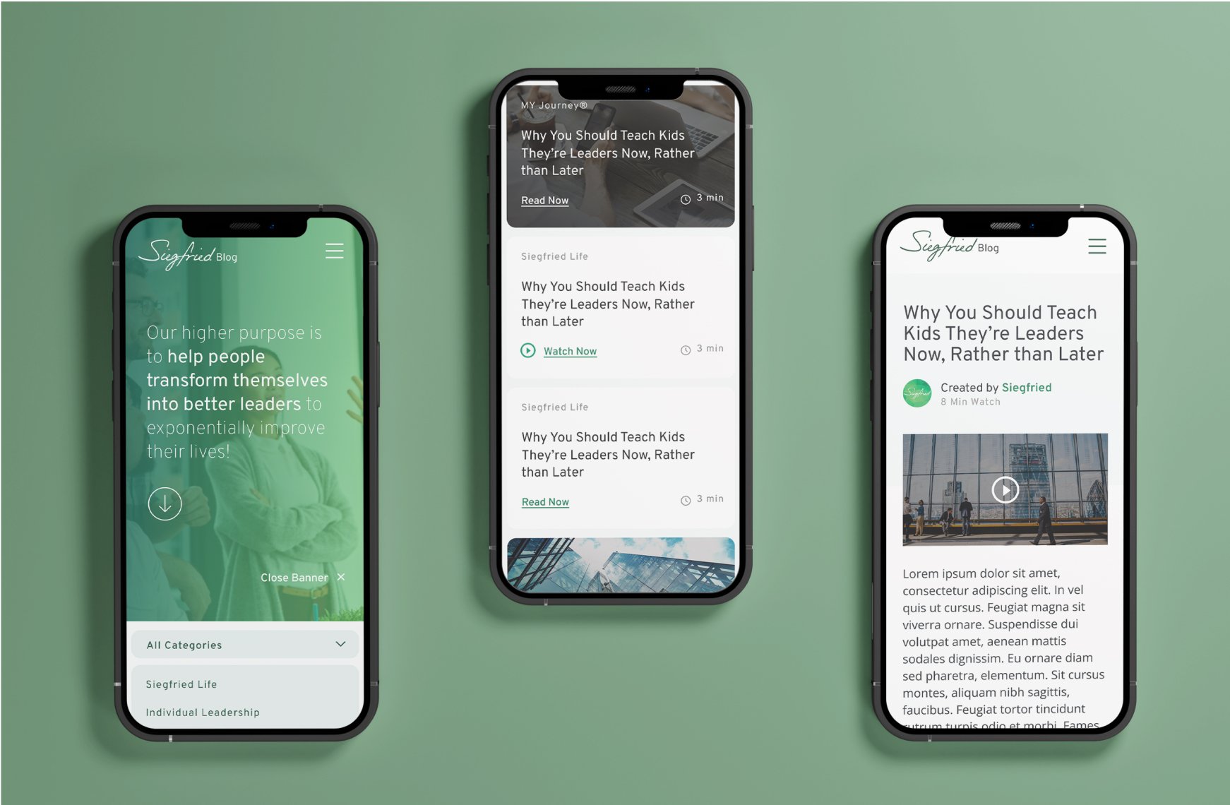 Three smartphones displaying a website with articles from Siegfried Blog. Articles focus on leadership topics, such as teaching kids to be leaders. Screens show article titles, text, watch options, and company branding on a green background.