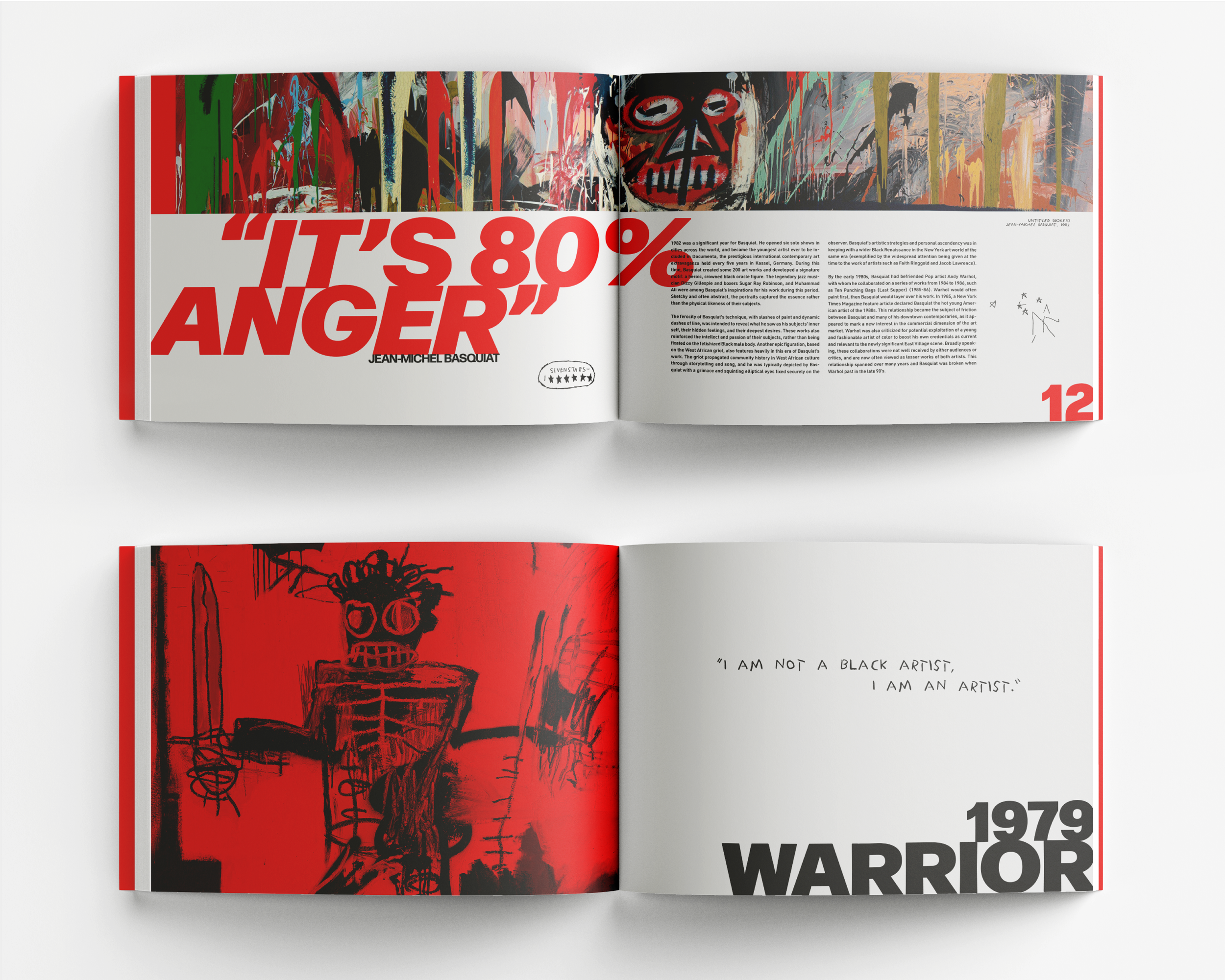 Open book featuring artwork and text by Jean-Michel Basquiat. The left page displays colorful abstract paintings and text "IT'S 80% ANGER". The right page has a red and black drawing of a figure and a quote: "I am not a black artist. I am an artist."