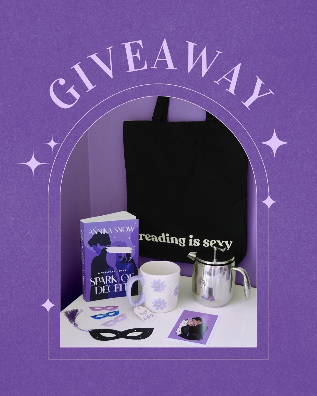In honor of the release of Deceit, I&rsquo;m doing a little giveaway 😍✨

The winner will receive:
💜 Signed paperback of Spark of Deceit
✨ Bookish tote bag 
💜 Bodum French press
✨ Mug
💜 4x6 character art print
✨ Stickers
💜 Bookmark
✨ A free ebook