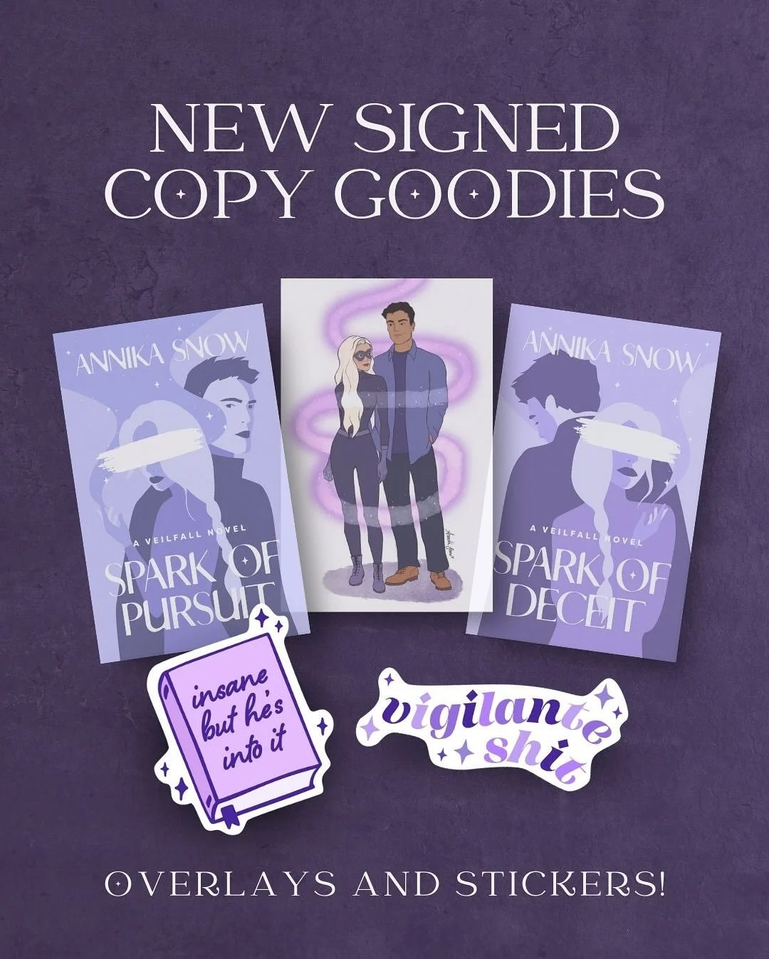 As teased last week, there&rsquo;s some new Veilfall swag, now included with all signed copies! ✨

- Book cover overlays: ONLY included with their respective book
- ALL orders include: character art overlay, three stickers and a bookmark
- Everything