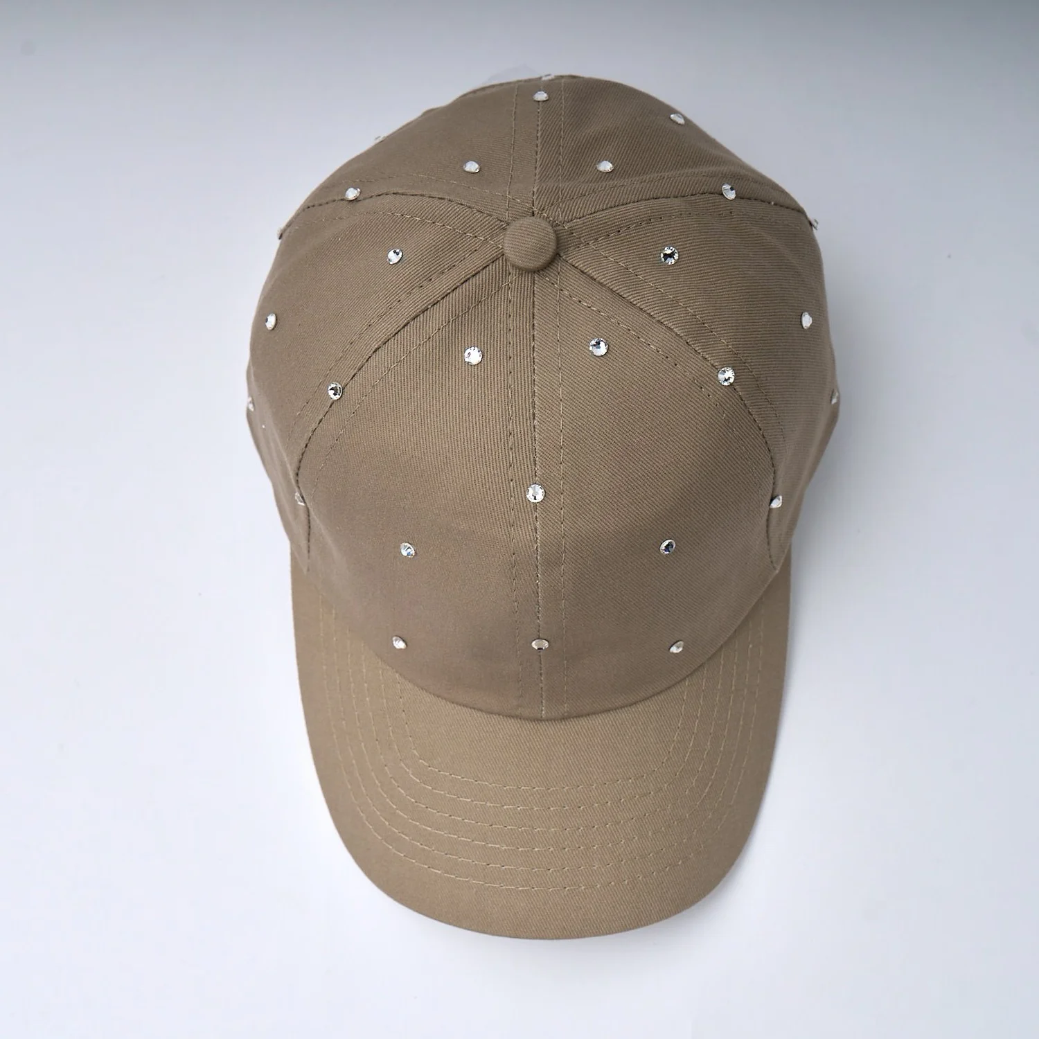 Clear Rhinestones on Khaki B-ball Hat — High Spirits 