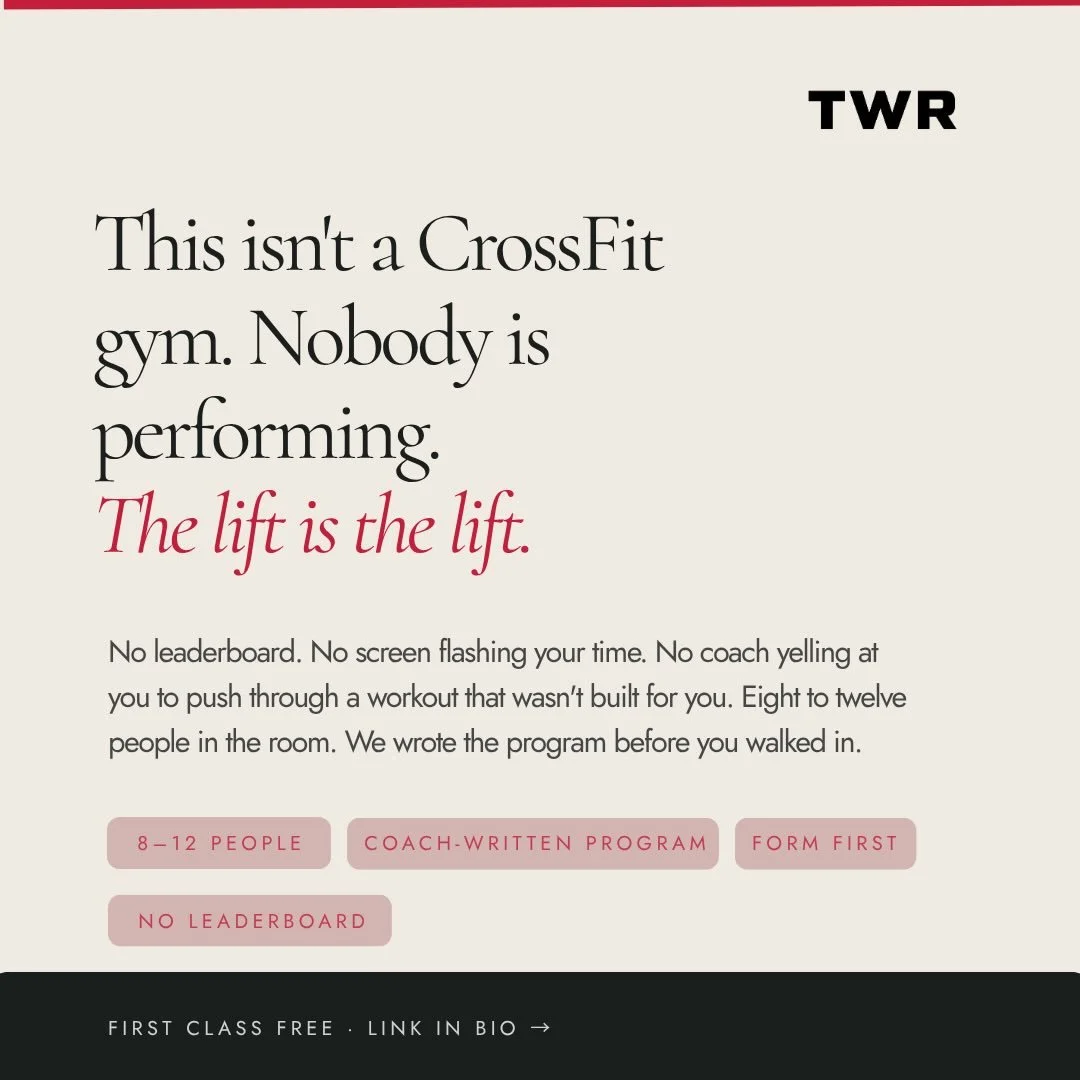 No leaderboard. No screen flashing your time. No coach yelling at you to push through a workout that wasn&rsquo;t built for you.
Eight to twelve people in the room. Mixed ages, mixed experience, same hour. We wrote the program before you walked in. W