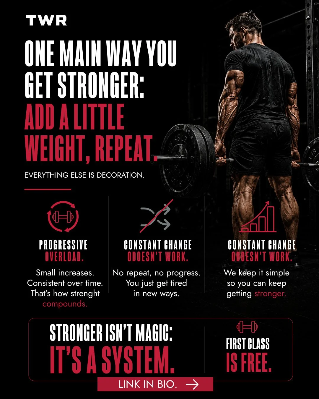 Progressive overload. That&rsquo;s the whole secret, and it isn&rsquo;t a secret &mdash; it&rsquo;s just boring, so the industry buries it under variety and sweat.⁠
⁠
Here&rsquo;s the mechanism in plain English. You ask a muscle to move slightly more