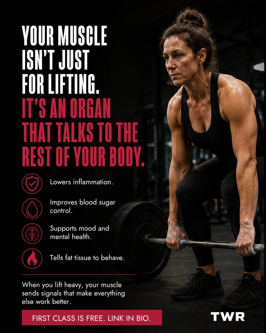 When a muscle contracts hard against load, it releases signaling molecules called myokines. Think of them as messages the muscle sends to the rest of you.⁠
Those messages lower inflammation. They improve how your body handles blood sugar. They push b