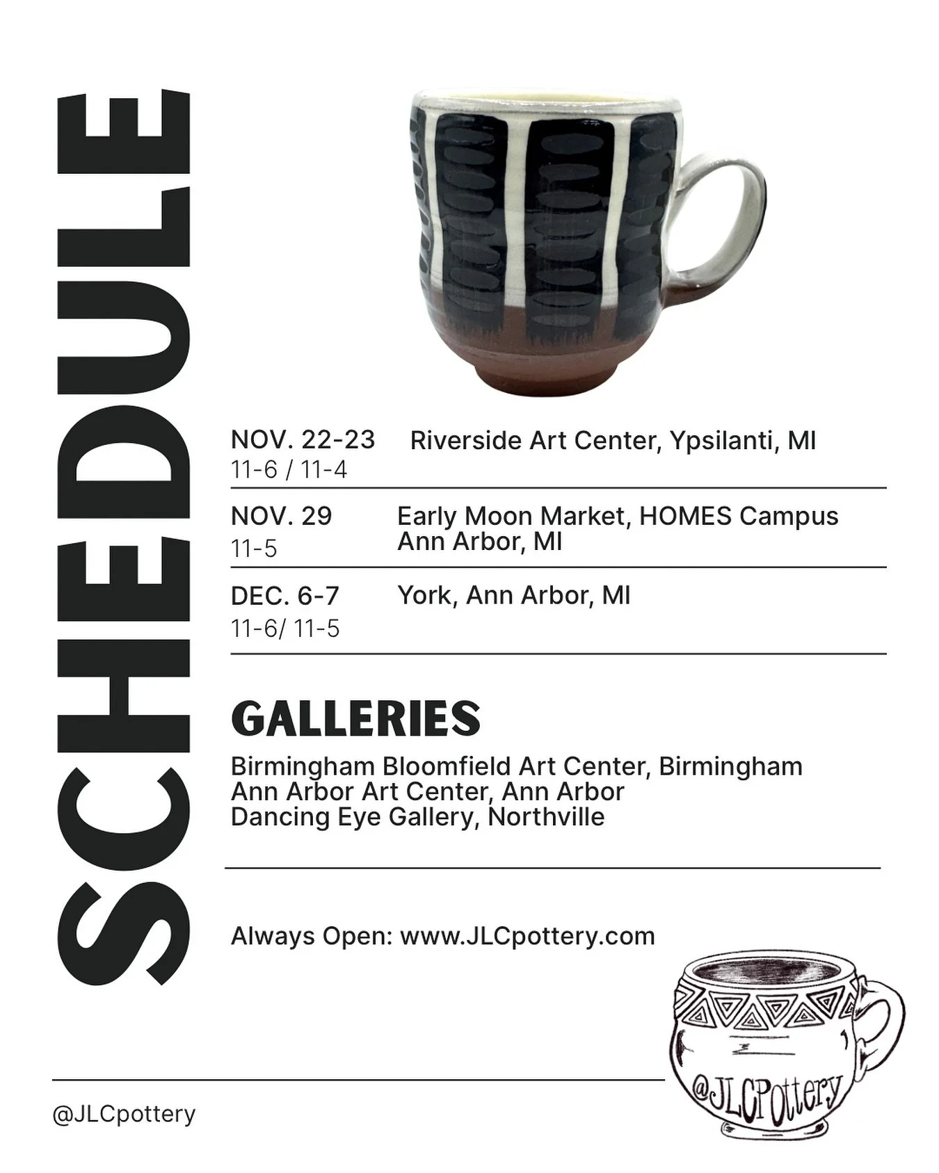 Holiday Schedule! Come visit me and buy local this season!! I&rsquo;m so excited to be showing and hanging out with such talented artists at these shows! Hope to see you!