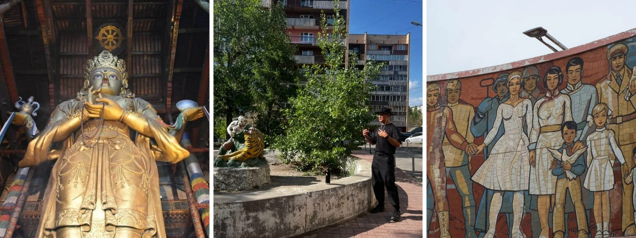 A cultural tour of Ulaanbaatar featuring the golden Janraisig Statue at Gandan Monastery and Soviet-era mosaics in the city center.