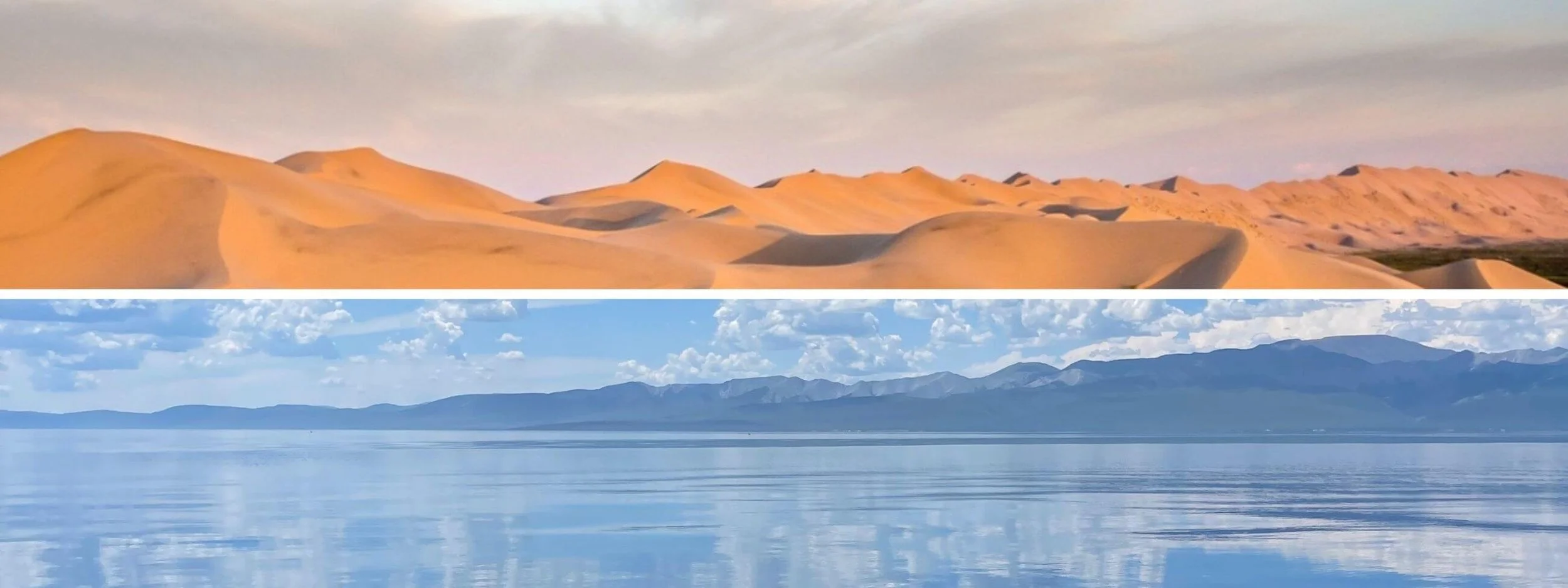 A cinematic split-screen comparison showing the golden steppes of the Gobi Desert on top and the deep blue alpine waters of Khuvsgul Lake on the bottom, representing the complete North-South Mongolia expedition route.