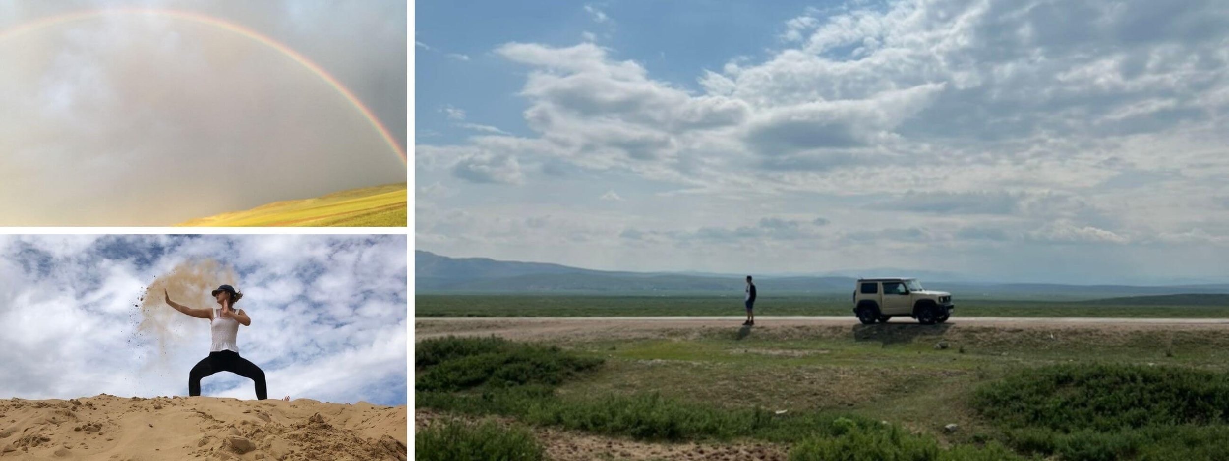 A collage of a Mongolia road trip adventure featuring a Suzuki Jimny driving on the open steppe, a rainbow over the grasslands, and a traveler jumping on the sand dunes at Elsen Tasarkhai (Mini Gobi).