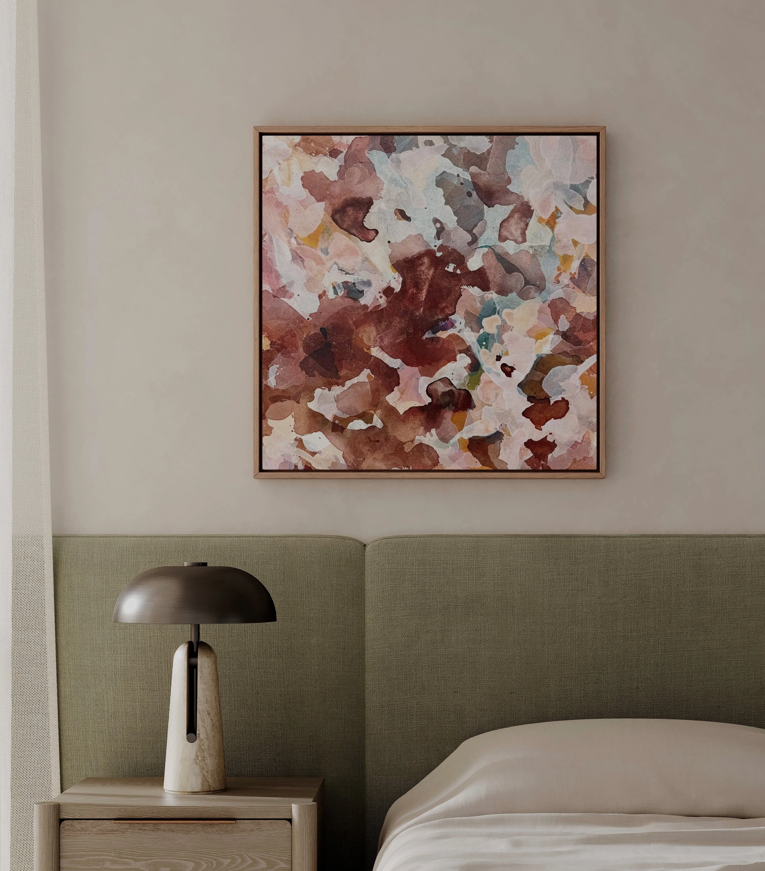 In Good Time, at home.

64 &times; 64 cm, framed in oak.

Original artwork from the Unscripted Language collection.

Available.