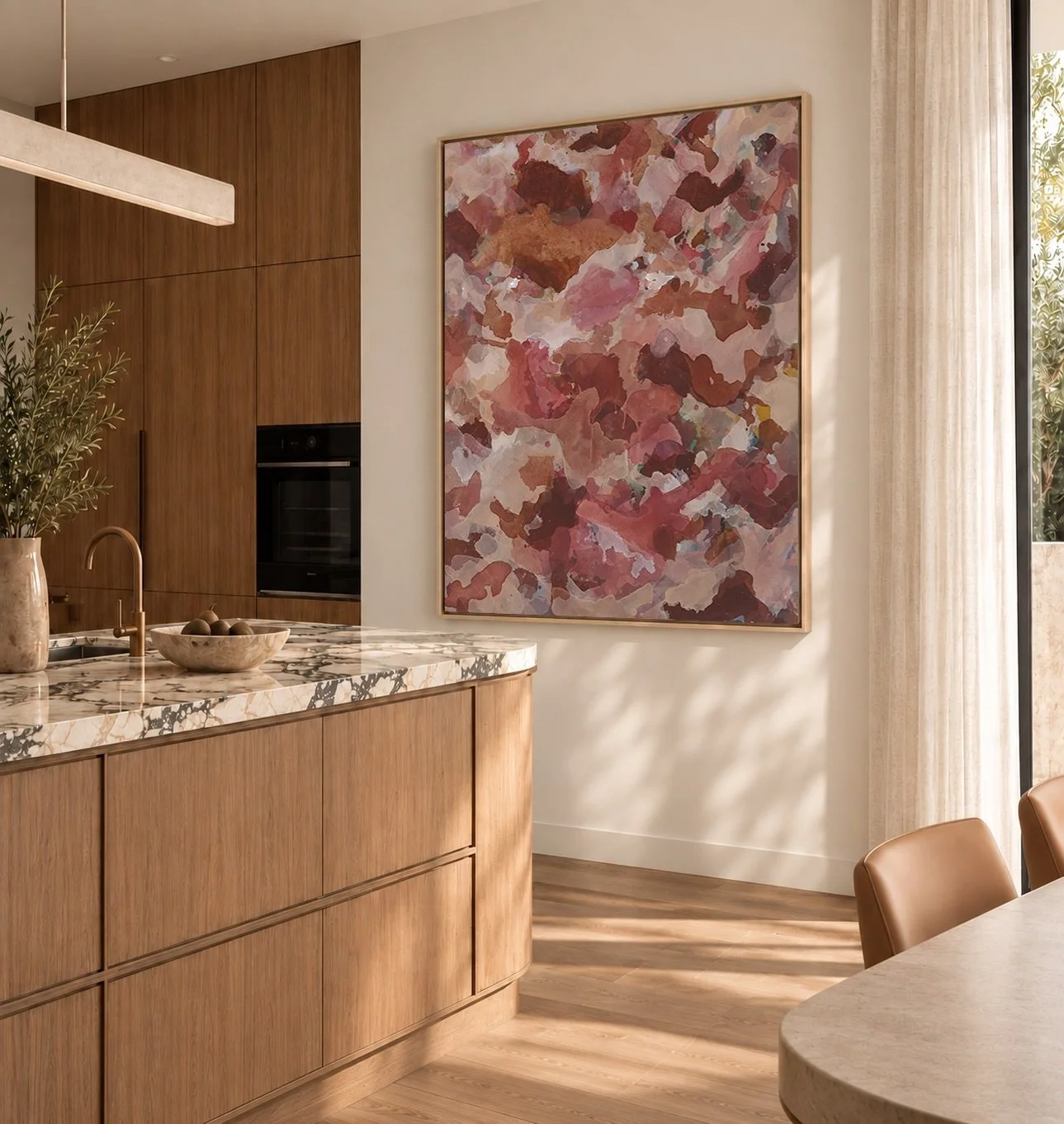 Art has a way of changing the whole feeling of a room.

I love seeing my work in an interior and how differently a piece can come to life once it has space around it.

Settling
88 &times; 103cm, including frame
Available now