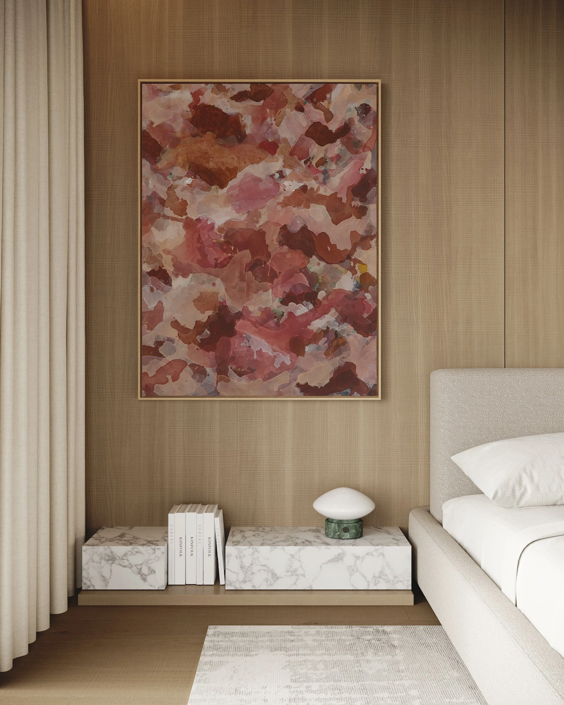 SETTLING

One painting, two very different spaces.

I love how the warm, earthy tones of Settling sit alongside natural materials like timber, stone and soft, neutral textures. Bringing colour and character to a room without overwhelming it.

Swipe t