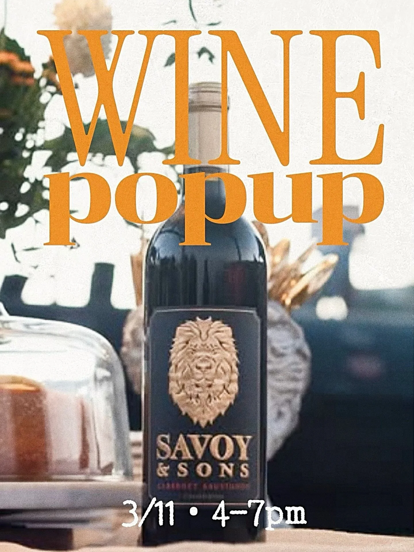 Join us for a special Wine Pop-Up featuring Savoy &amp; Sons Winery. Spend the evening tasting a selection of their handcrafted wines while meeting the winemaker behind the bottle.
A relaxed, come-and-go style pop-up&mdash;perfect for curious sippers
