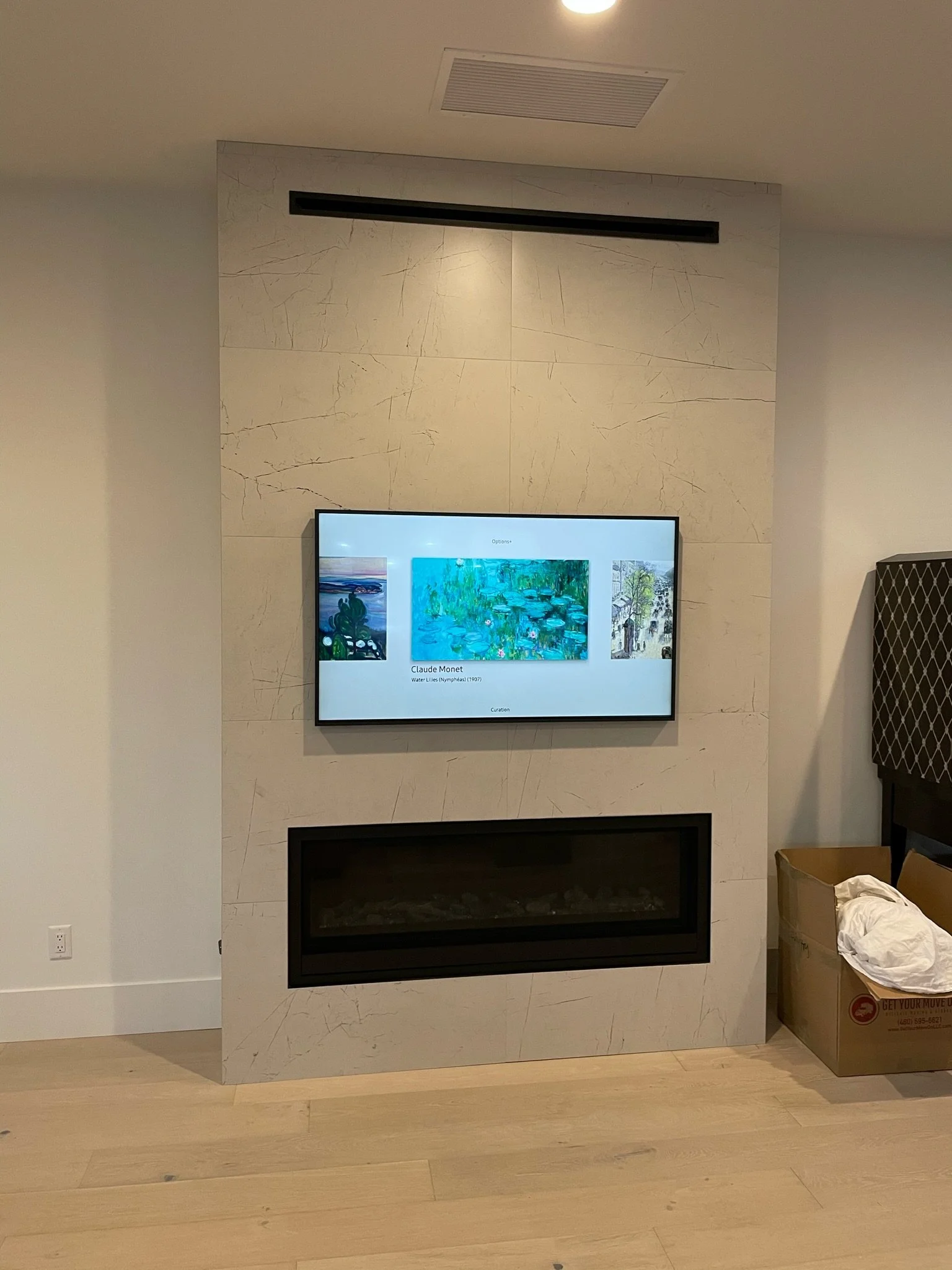 TV mount in tile fireplace.