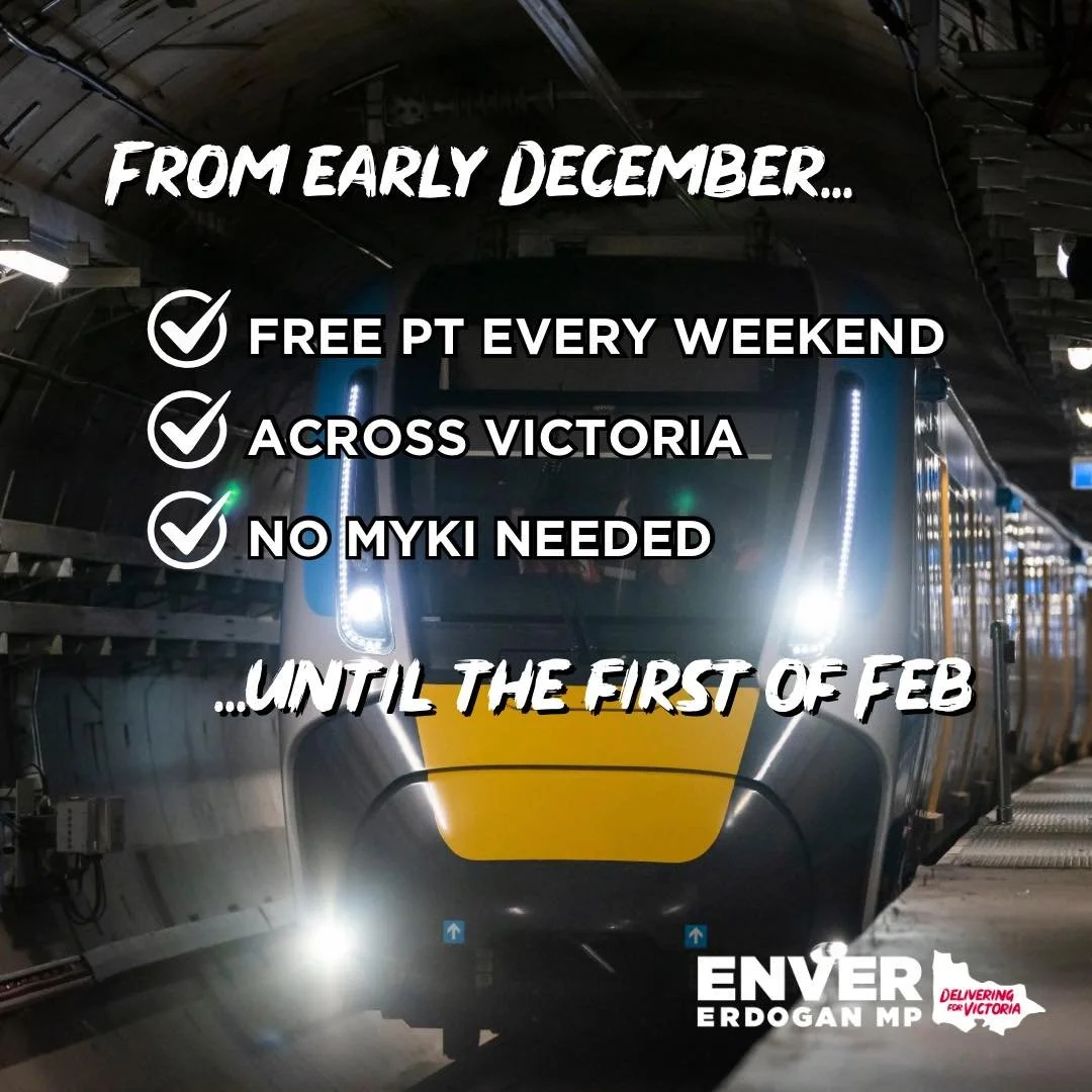 Jump on board this summer! 🚇☀️

From early December, public transport will be free every weekend across Victoria to celebrate the Metro Tunnel&rsquo;s Summer Start.

No myki needed &mdash; just ride.