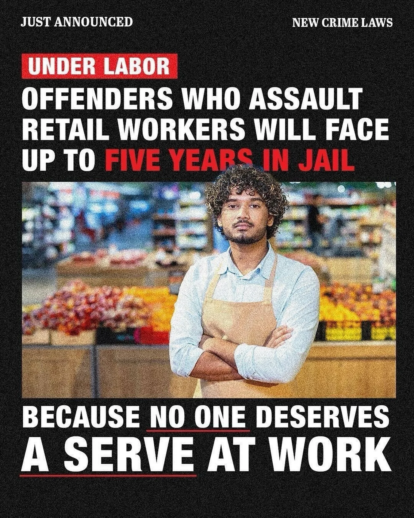 Everyone deserves to feel safe at work.

We&rsquo;re introducing tougher penalties for violence and intimidation against retail, hospo and transport workers &mdash; including new offences and Workplace Protection Orders.

A huge win for @sda.victoria