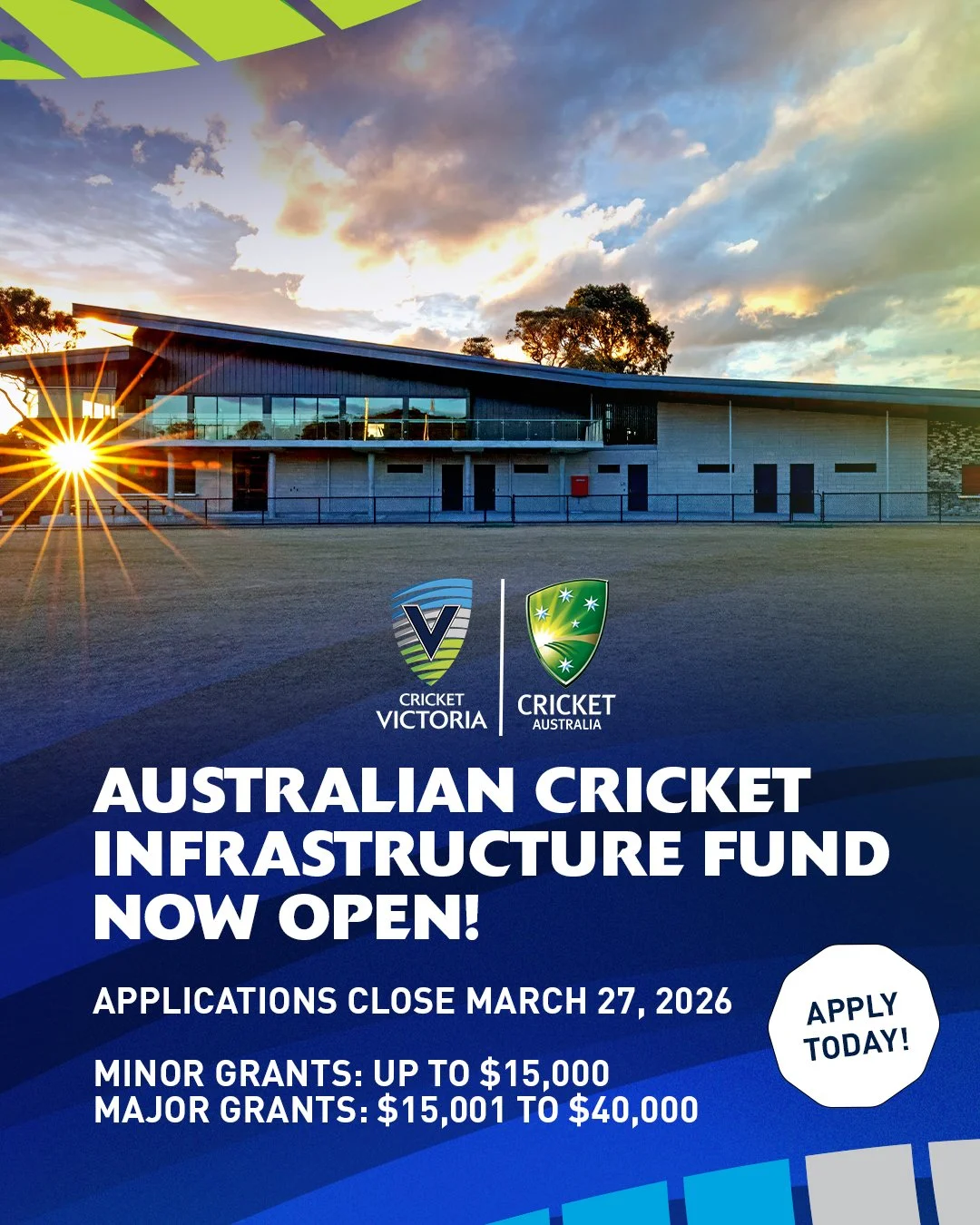 🏏 Applications open &mdash; Australian Cricket Infrastructure Fund

Clubs, schools, councils and facility managers can apply for funding to upgrade community cricket facilities:

&bull; Up to $15,000 (Minor)
&bull; $15,001&ndash;$40,000 (Major)
&bul