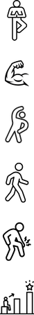 This is a stack of 6 images. 1. person balancing. 2. Person showing muscles, 3. Person stretching. 4. Person walking. 5. Person in pain. 6. person goal setting
