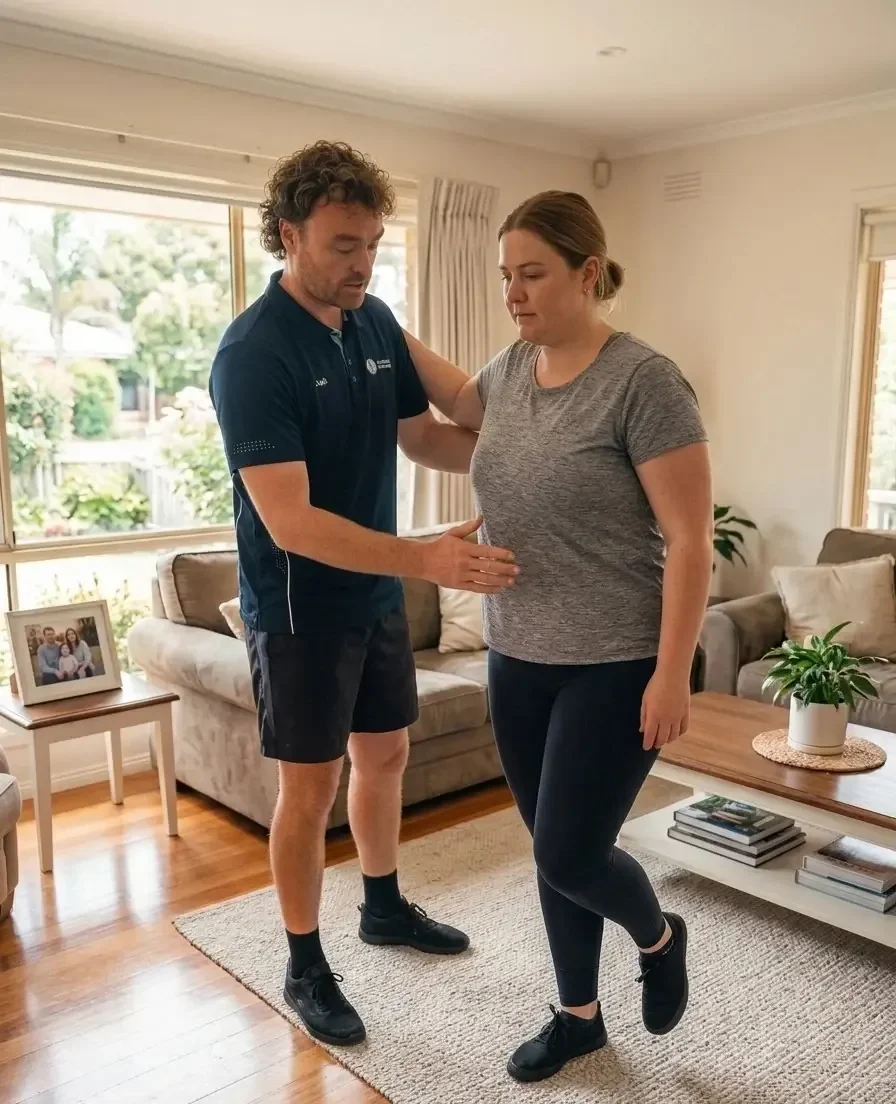 A physical therapist assisting a woman with a balance exercise in a living room