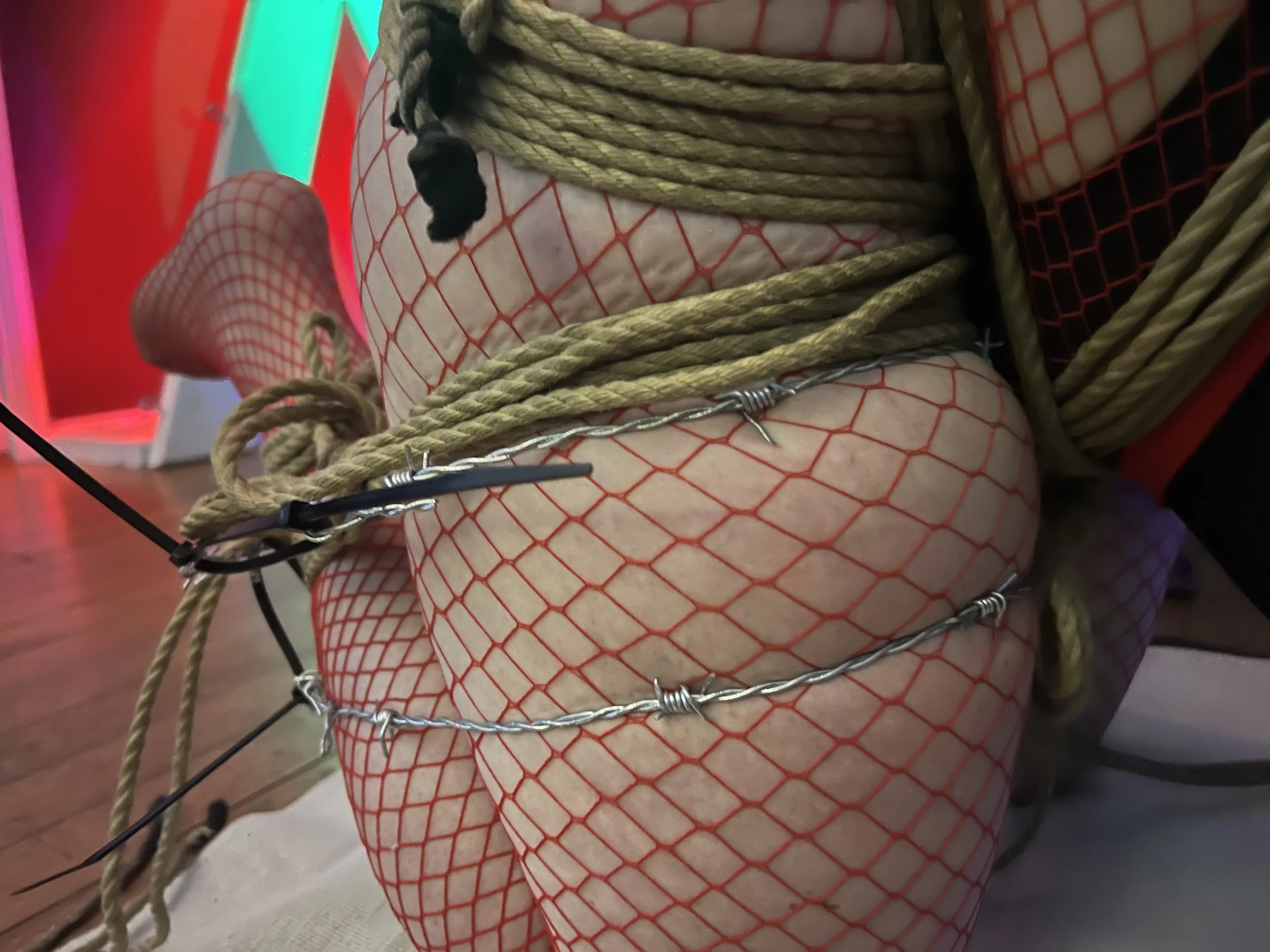 rope bondage with the addition of barbed wire