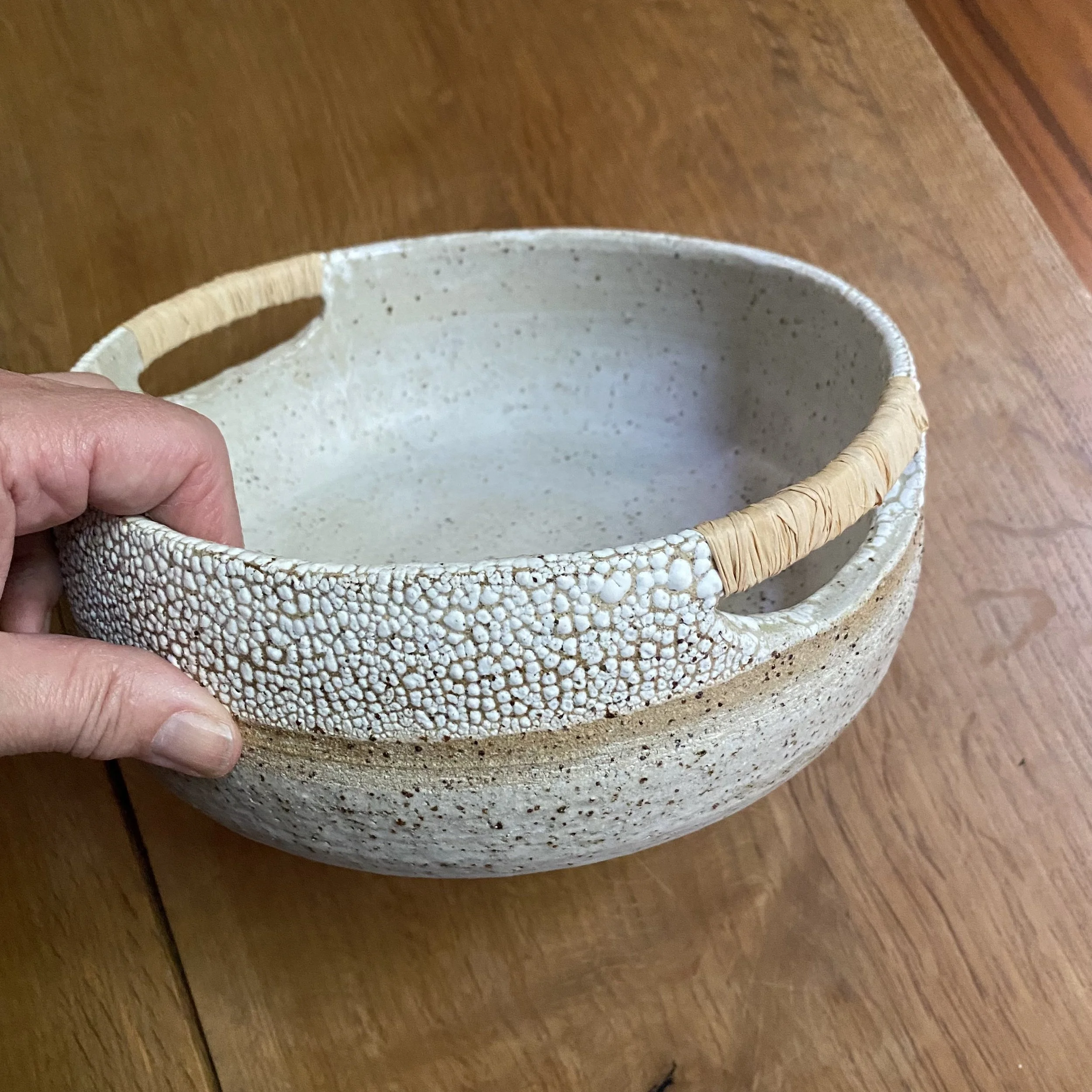 Cracked Earth Bowl with Raffia Handles