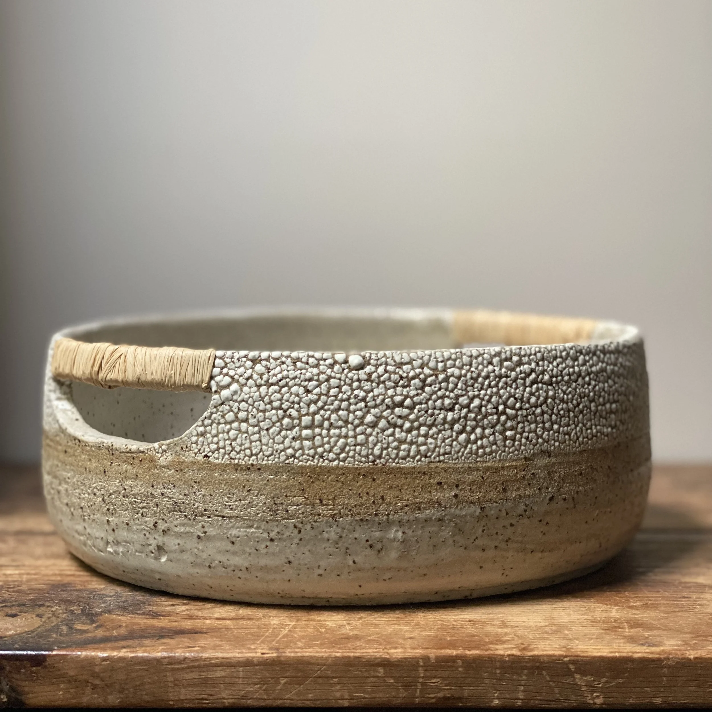 Cracked Earth Bowl with Raffia Handles