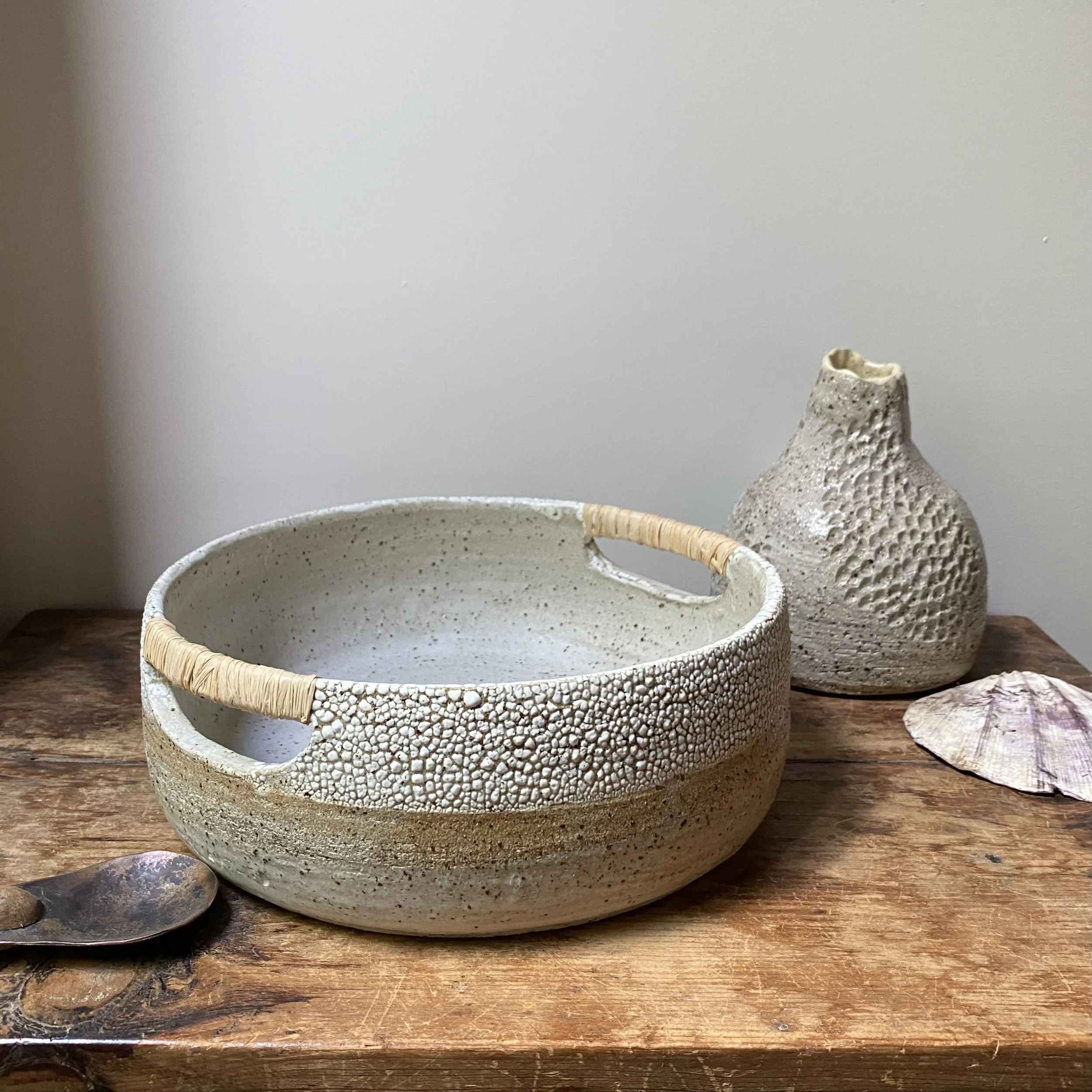 Cracked Earth Bowl with Raffia Handles