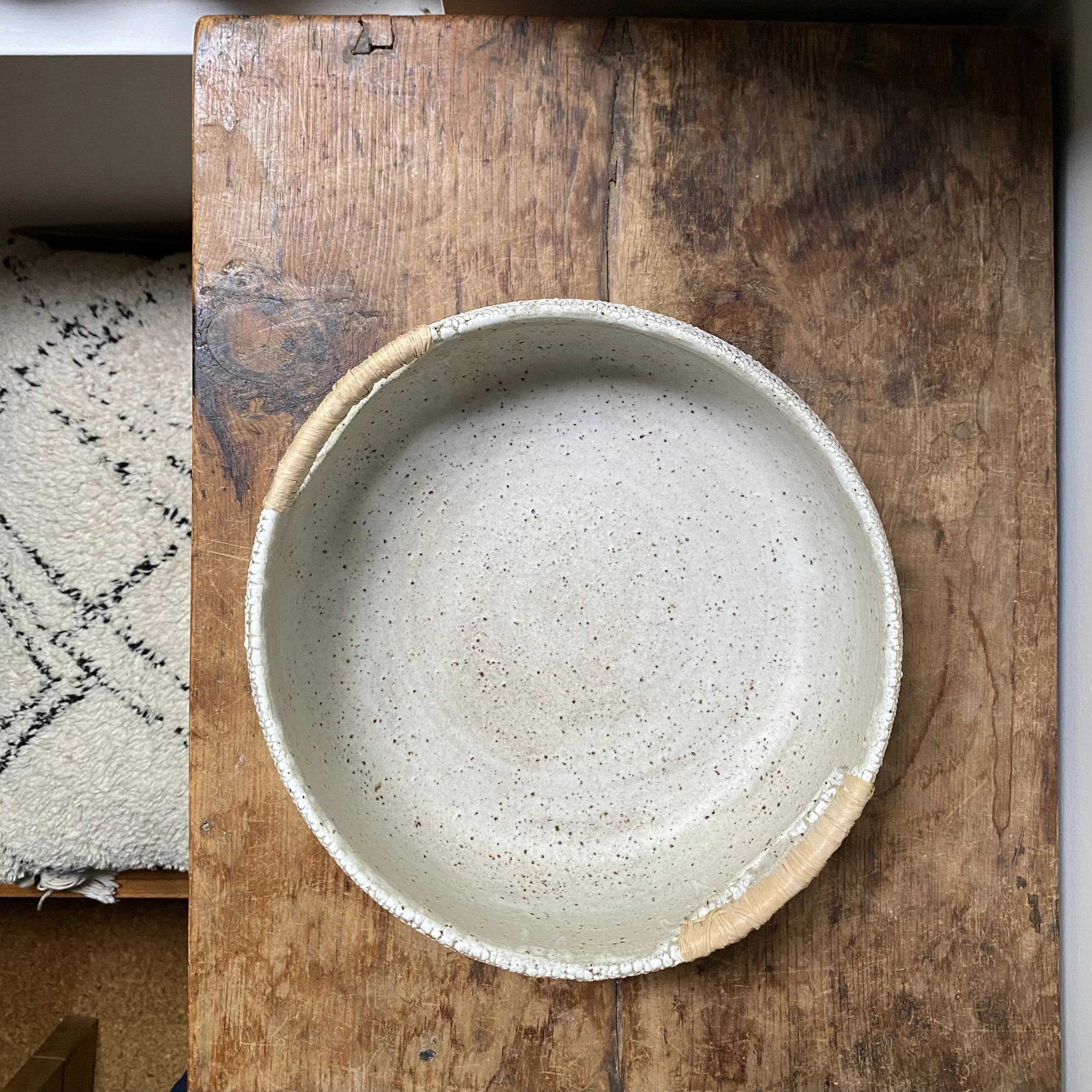 Cracked Earth Bowl with Raffia Handles