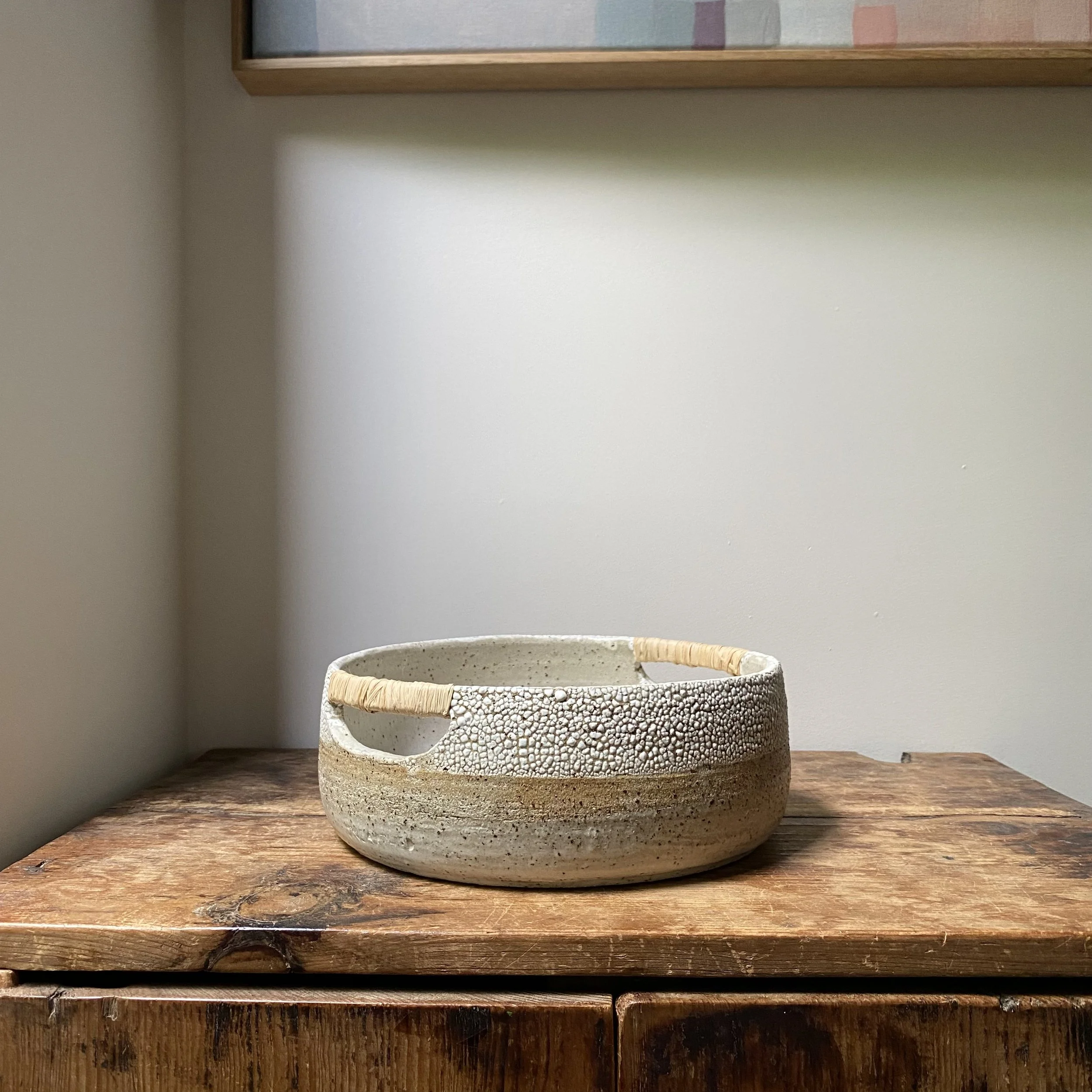 Cracked Earth Bowl with Raffia Handles