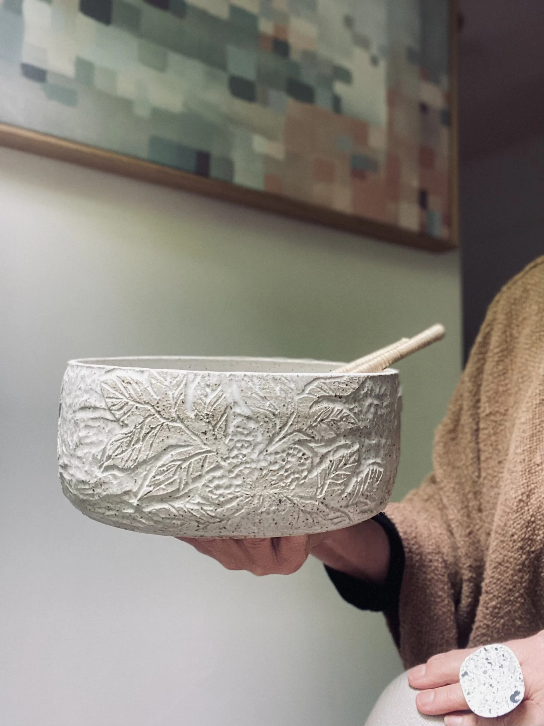 Handmade Unearthed ceramic Botanical salad bowl.