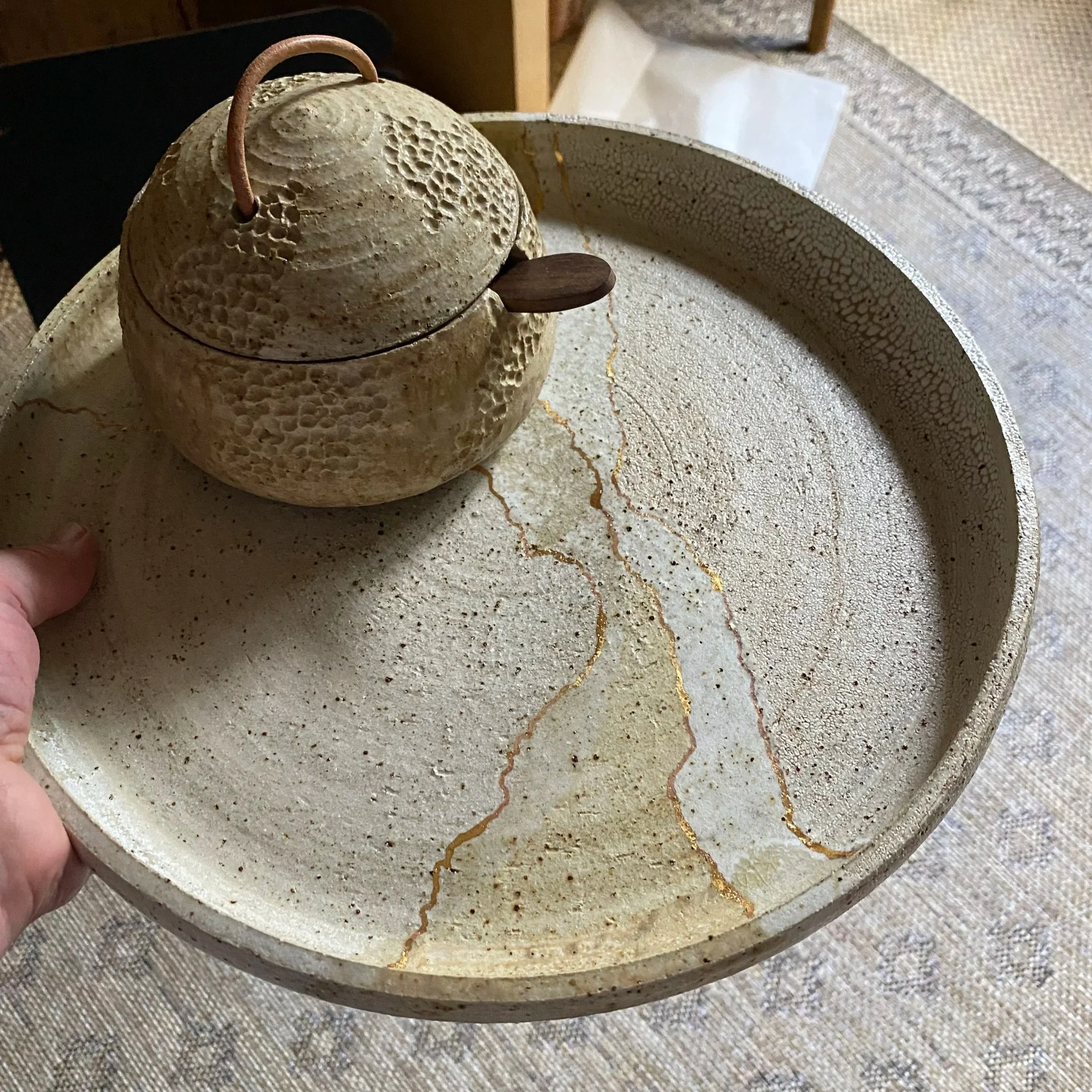 Handmade ceramic Unearthed Terra Firma Platter with Gold seam and topography vessel