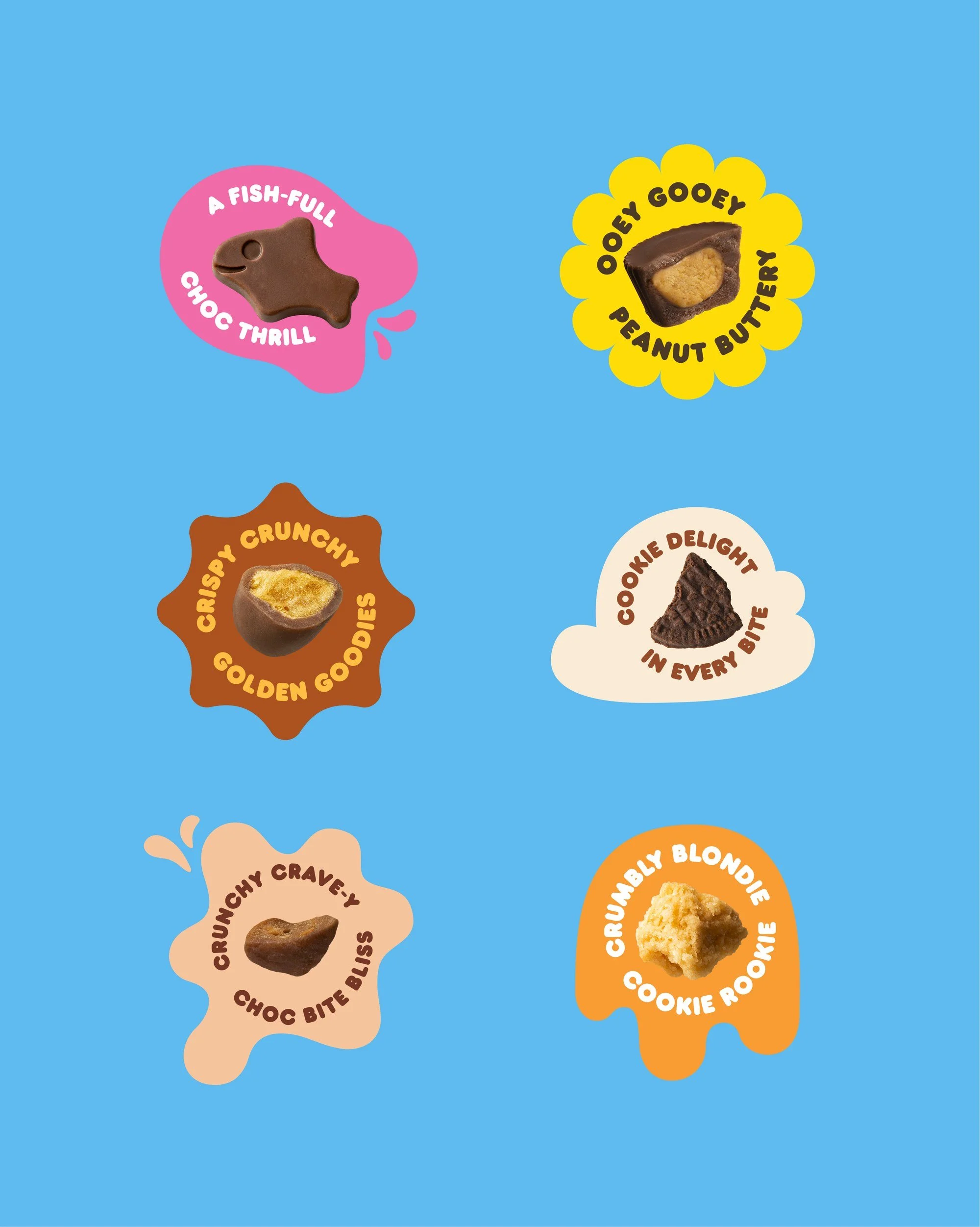 Six Crave inclusion badges on sky blue, each naming a flavour inclusion