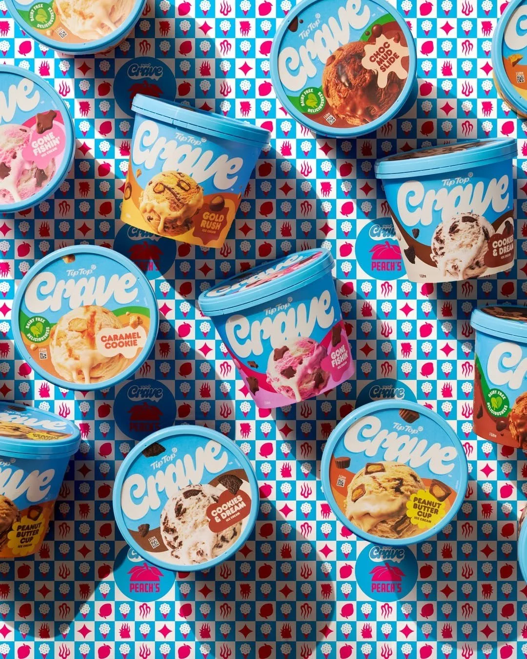 Crave tubs scattered across a patterned Crave-branded background