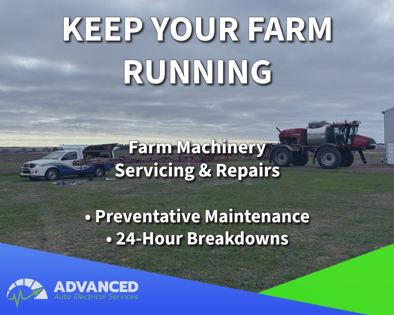 With hay on the go and harvest getting closer, keeping your machinery running is more important than ever.

We service and repair all kinds of farm machinery, from pumps and irrigation equipment to harvest and hay machinery.

We offer preventative ma