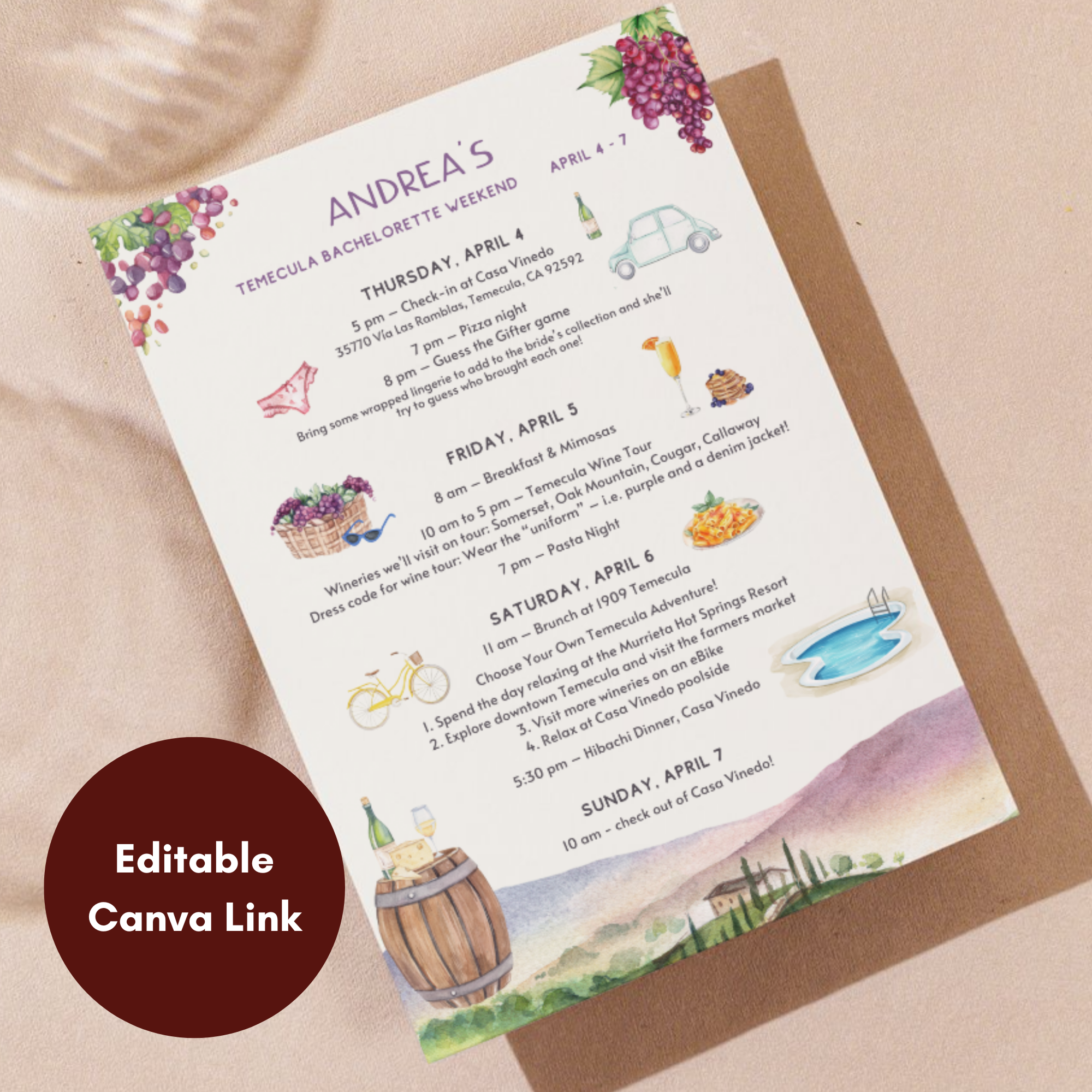 Bachelorette Weekend Itinerary | Wine Country Canva Template