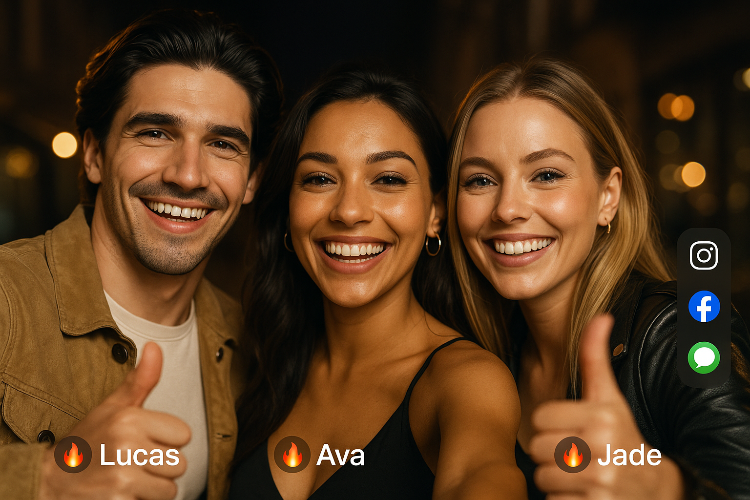 Three young adults smiling and taking a selfie together at night, with social media icons and names Lucas, Ava, and Jade displayed below.