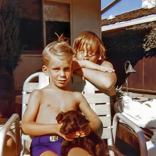 With Baby Doll and friend Lauren, on the back patio of the Huston Street house - 1973