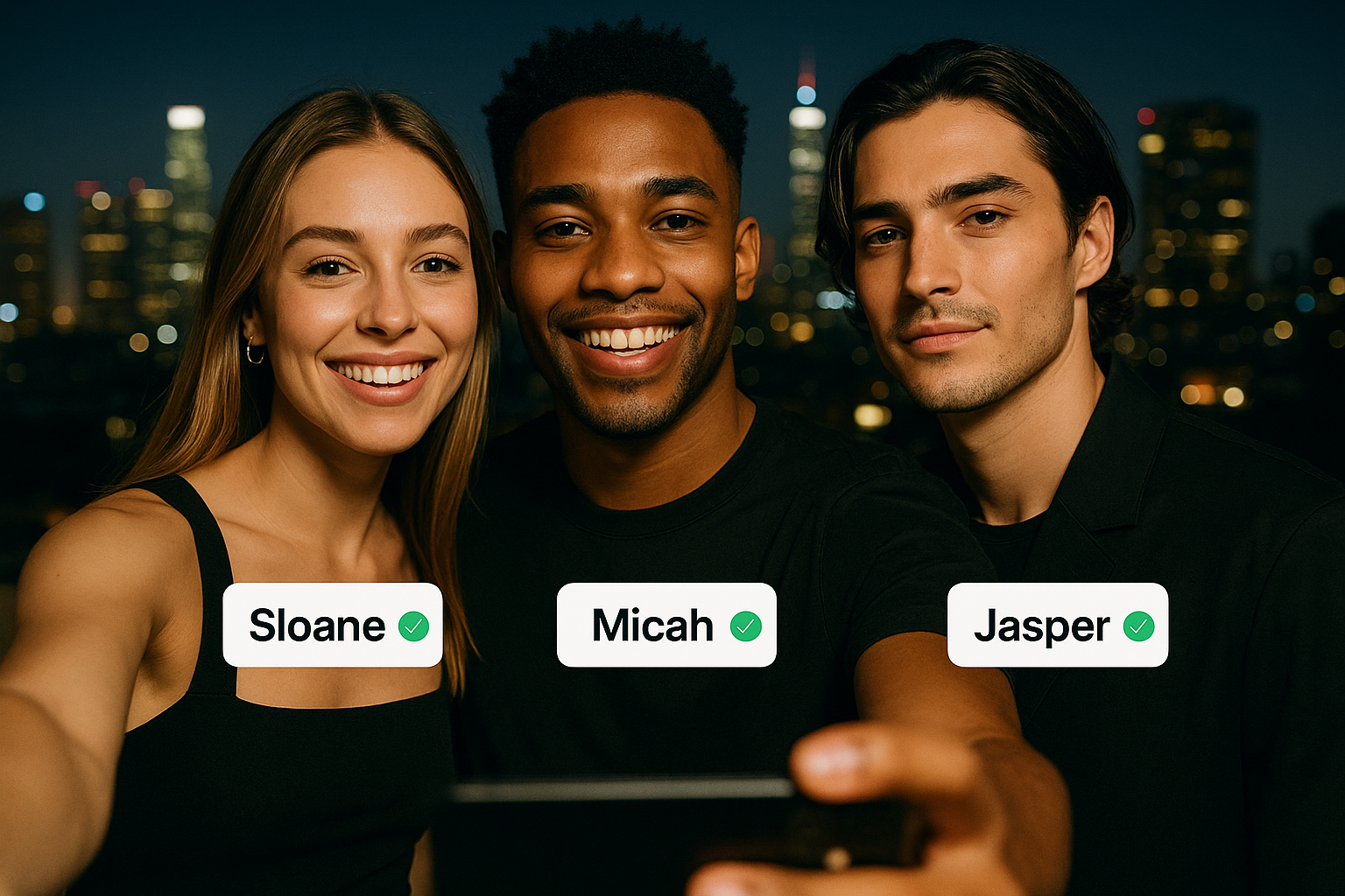 FaceCrew – Three friends, Sloane, Micah, and Jasper, taking a selfie at night with a city skyline in the background, all smiling and looking at the camera.