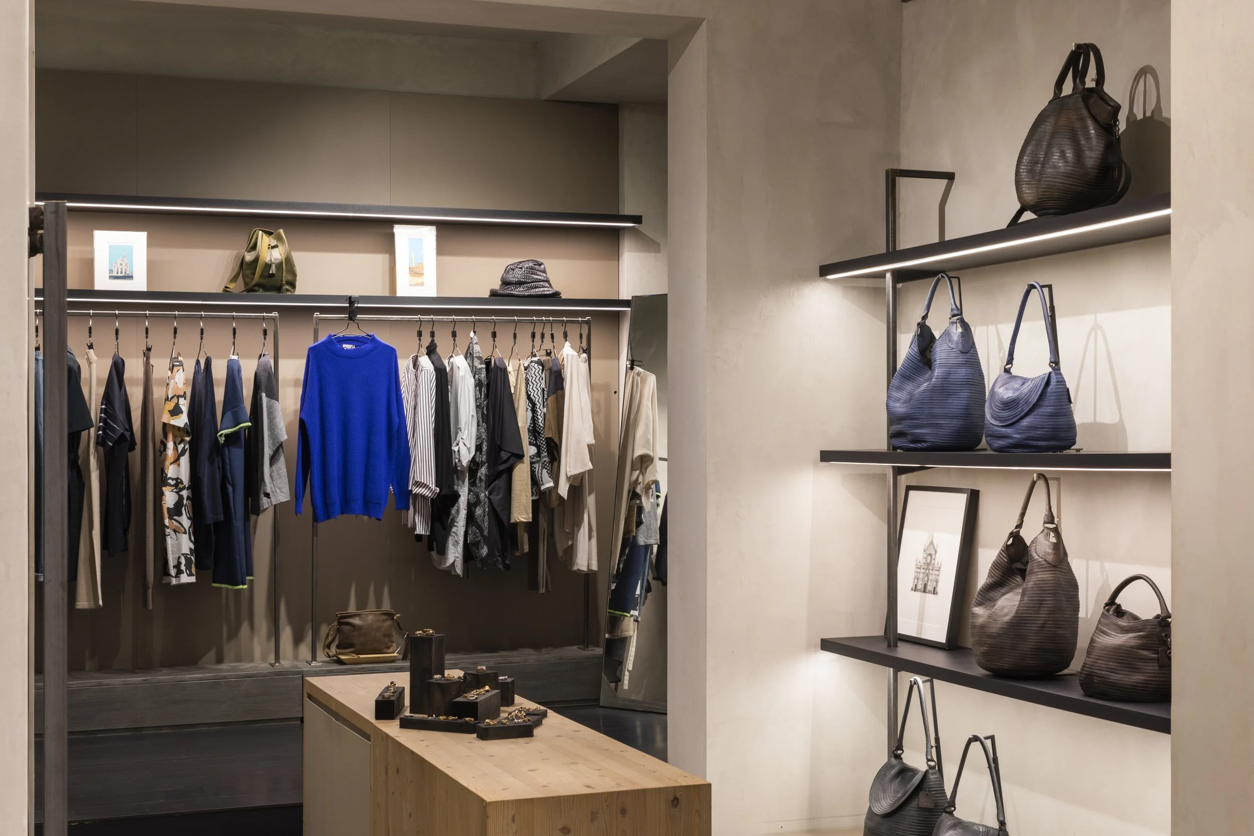 handmade clothes, bags and jewelry in one of the sapce of florence Factory Firenze