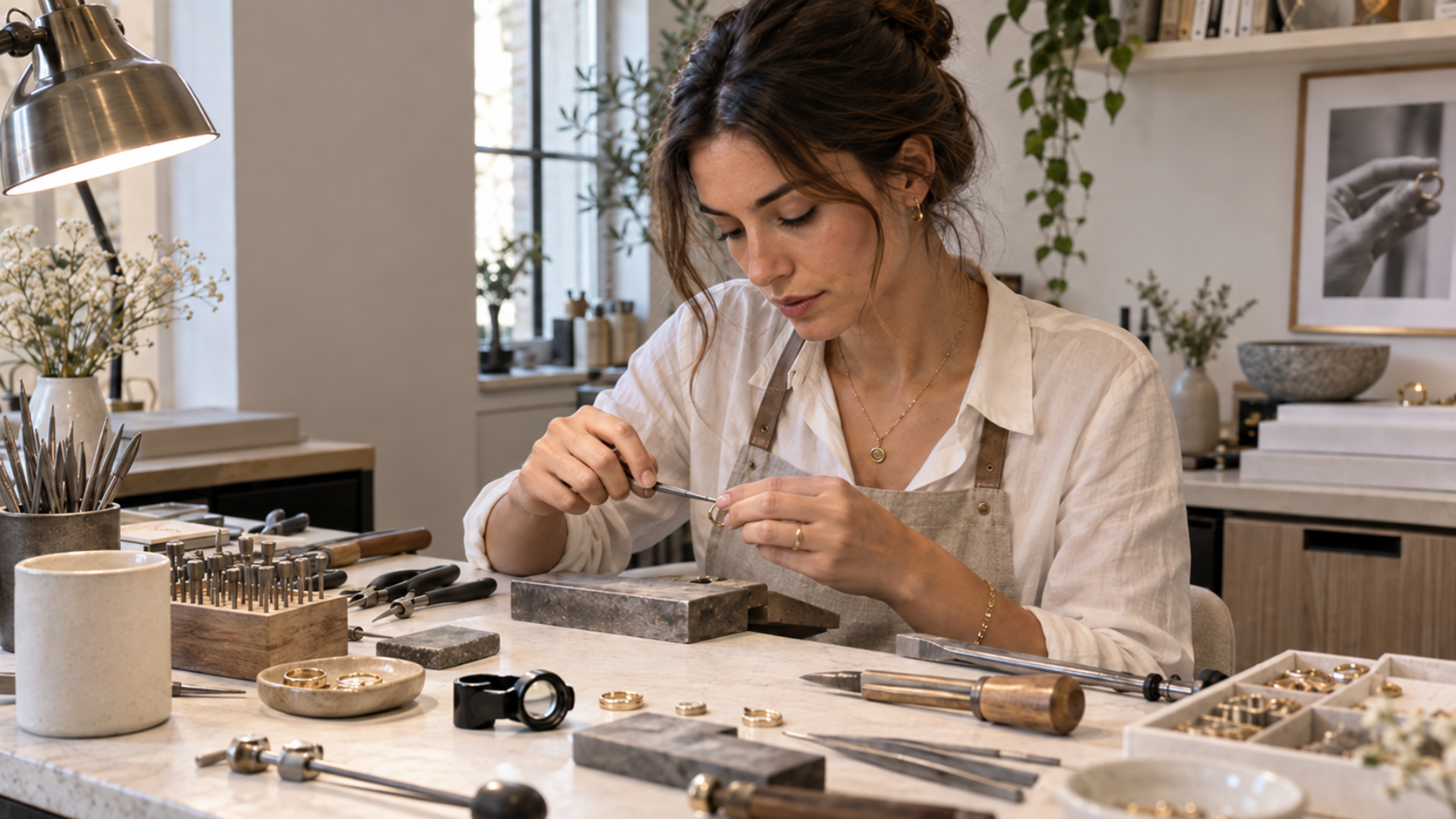 Florentine jewelry designer handcrafting a ring in a workshop