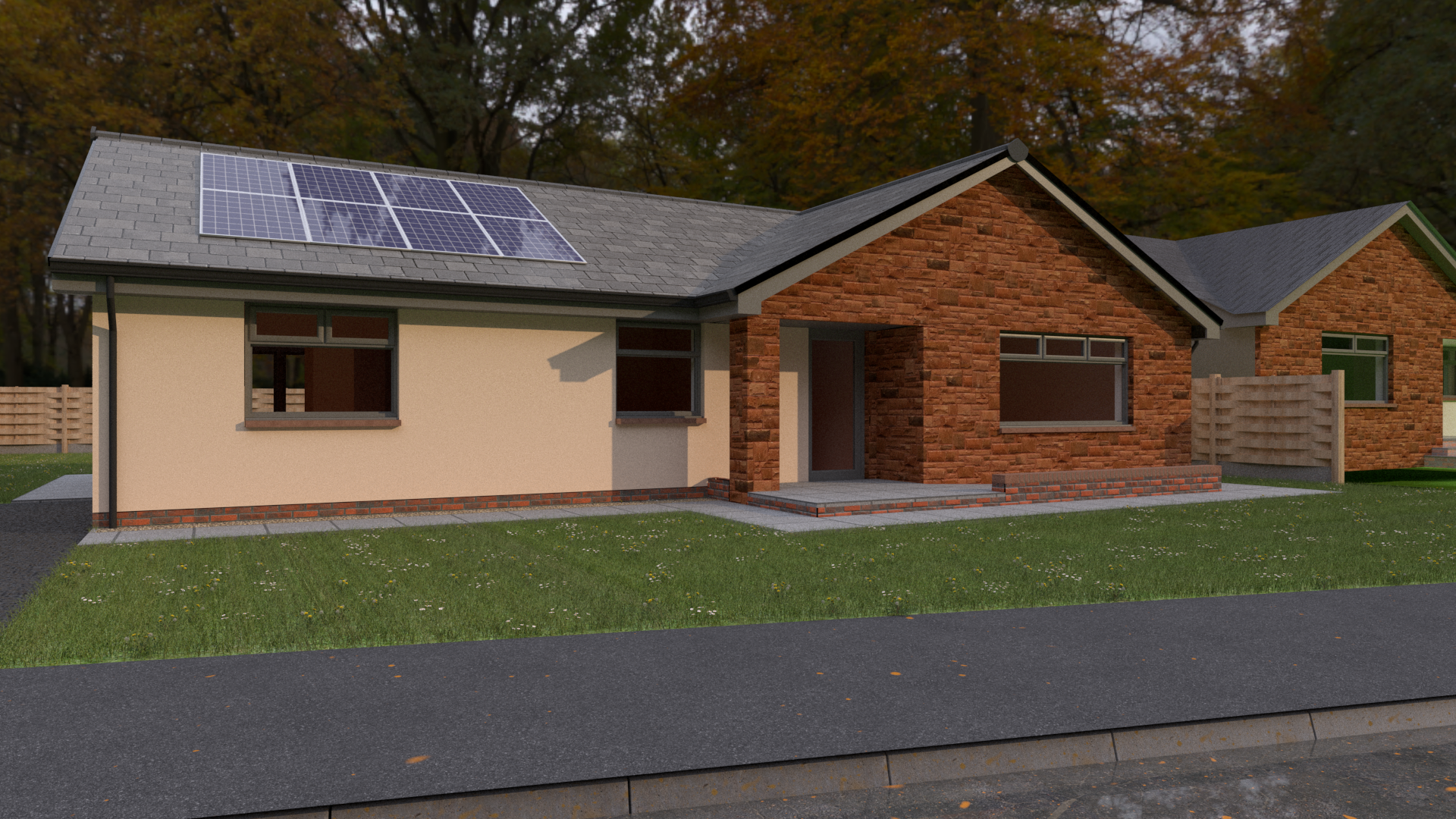 A modern single-story house with solar panels on the roof, a brick and stucco facade, and a small front porch, surrounded by a grassy lawn and trees in autumn.