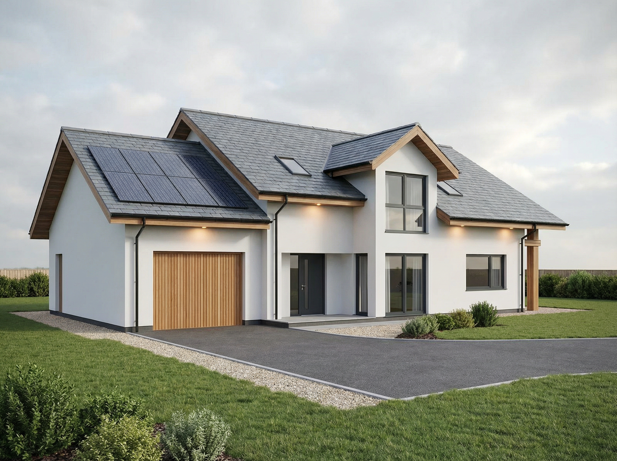 Modern two-story house with solar panels on the roof, large windows, white exterior walls, and a wooden garage door. The house is surrounded by a well-maintained lawn and a paved driveway.