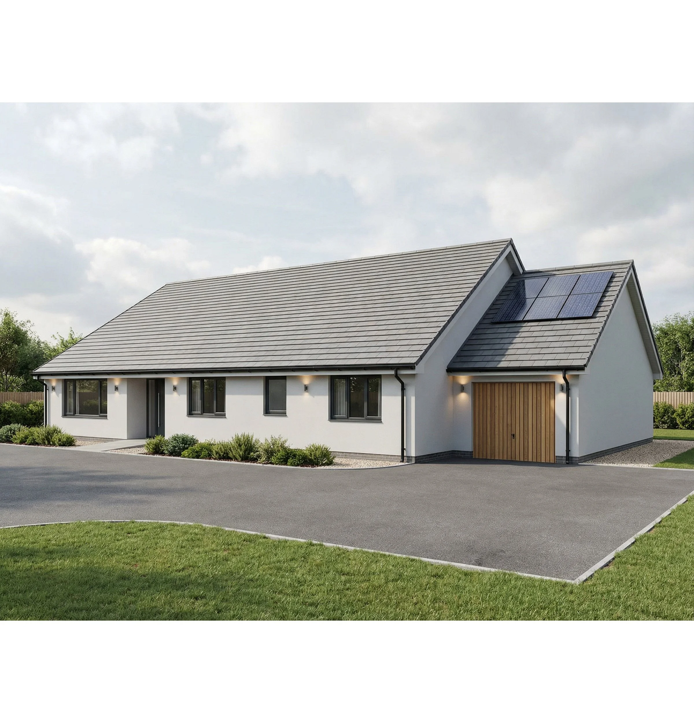 Modern house with a gray roof, white walls, black window frames, and a wooden garage door, surrounded by a green lawn and shrubbery.