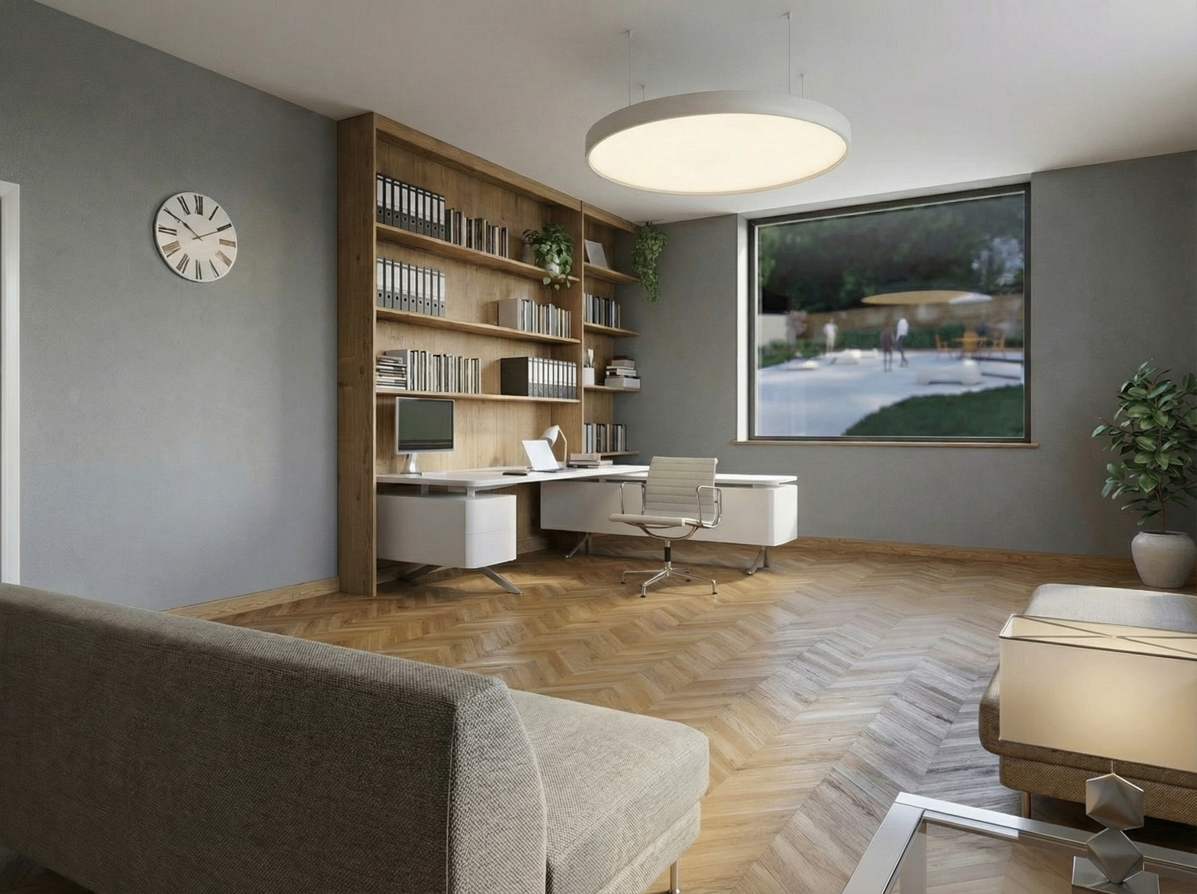 Modern home office with light gray walls, wooden flooring, a large window, a white desk with a computer, a white office chair, a wall-mounted clock, a bookshelf with binders and books, a potted plant, and a ceiling light fixture.