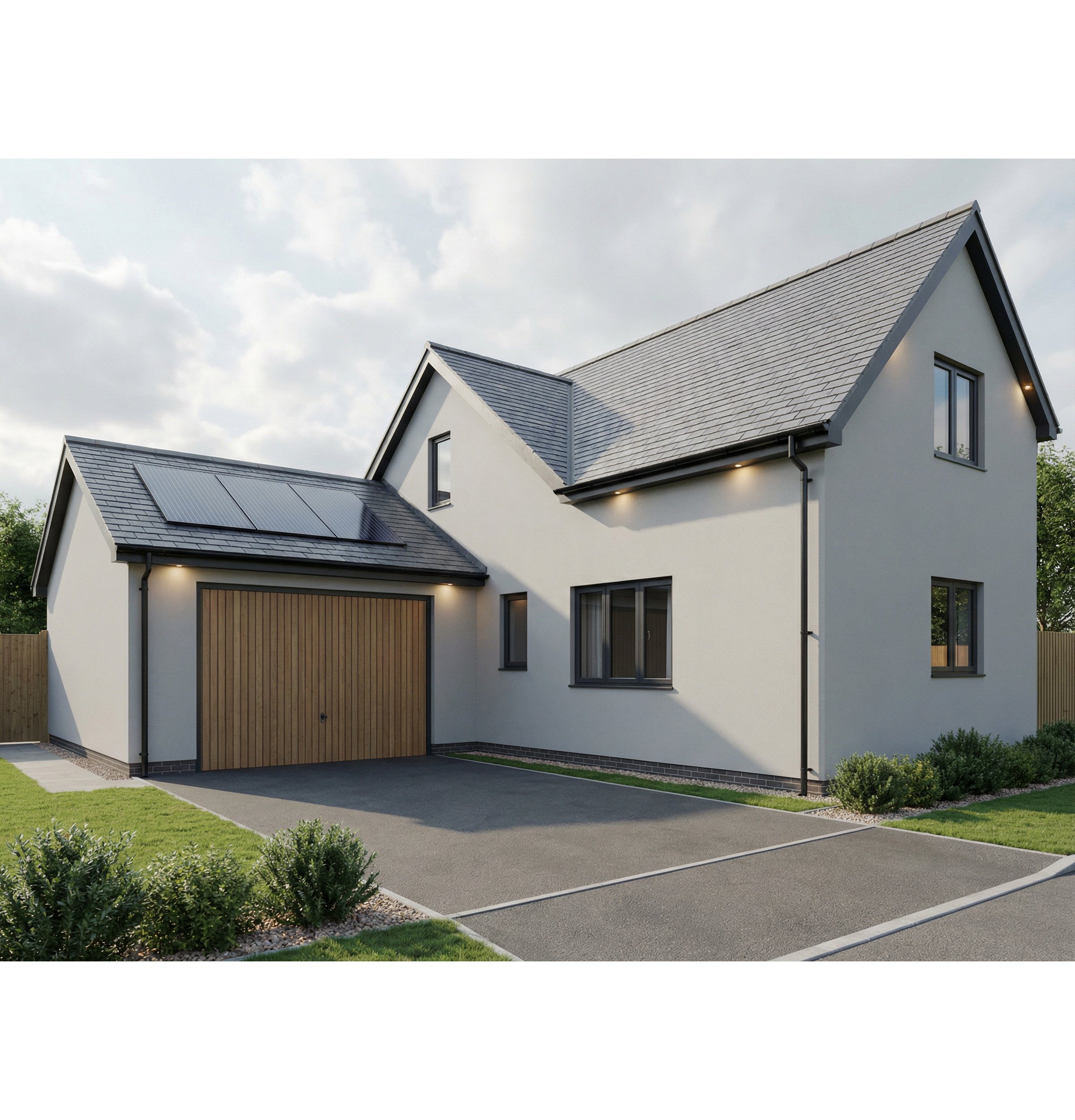 Modern white two-story house with gray roof, wooden garage door, solar panels, and front yard with green bushes and lawn.