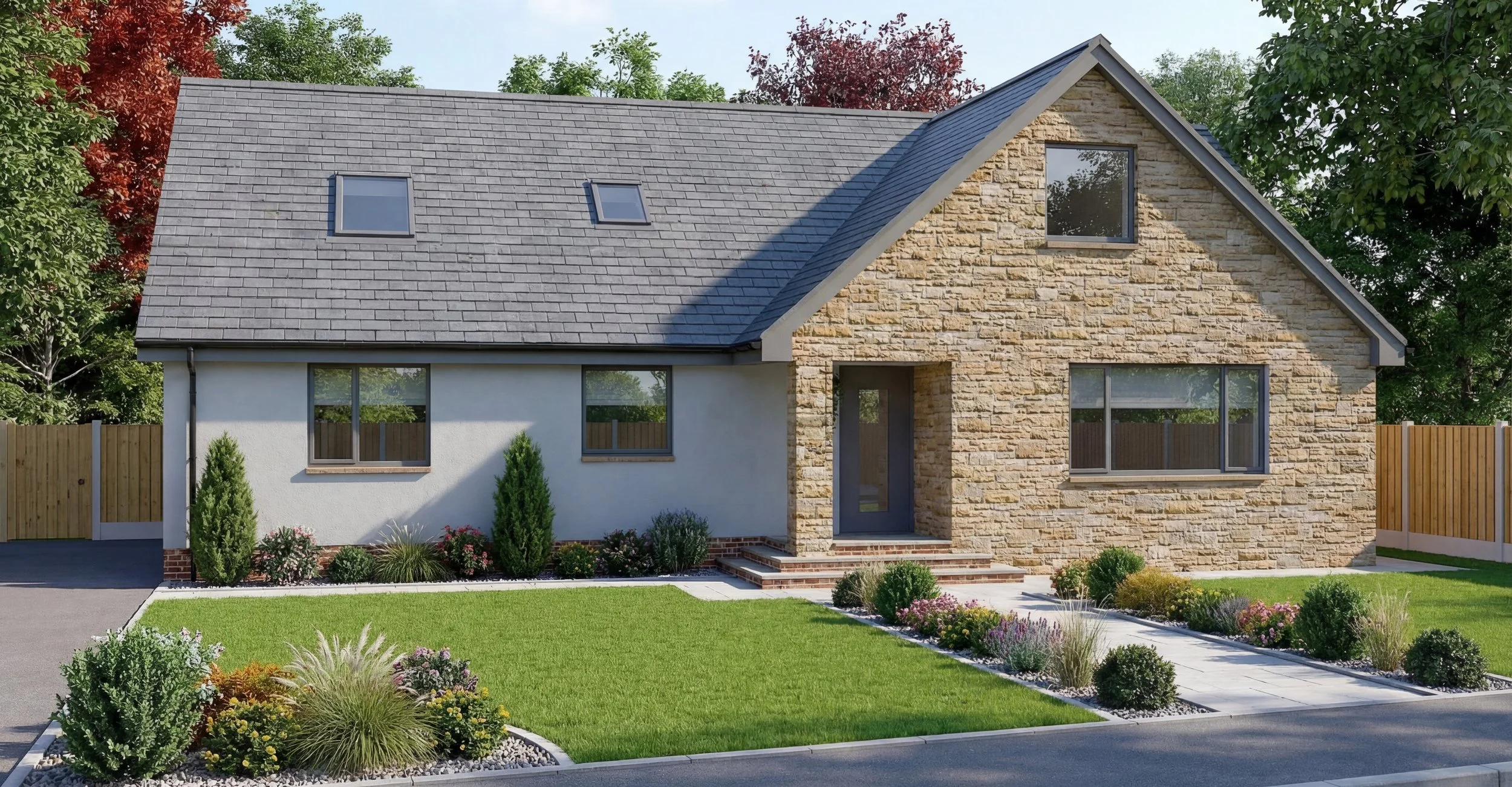 Front view of a modern house with a gabled roof, stone and stucco exterior, and large windows, surrounded by a landscaped garden with green grass, bushes, and flowering plants.