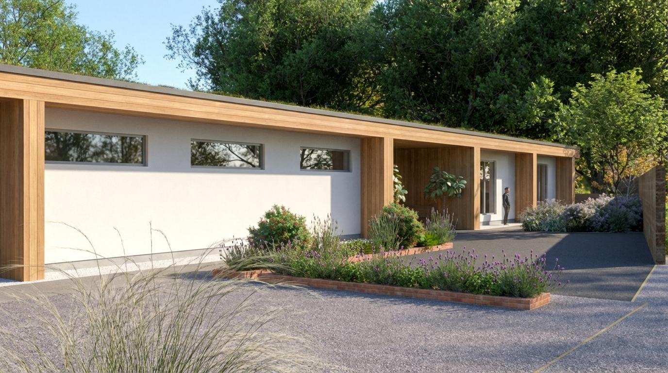 Modern single-story building with white and wood exterior, large windows, landscaped front yard with bushes and flowers, and trees in the background.